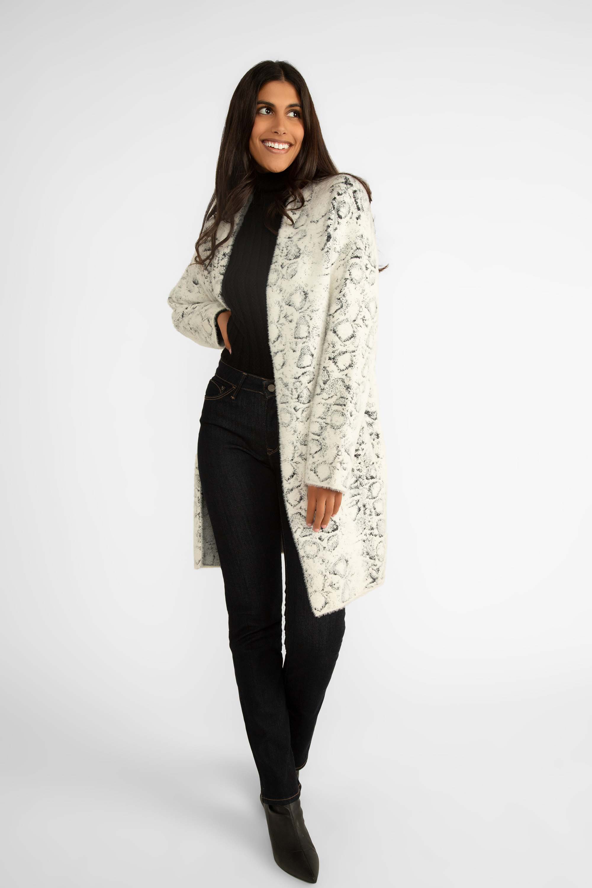 Carre Noir (7611) Women's Long Sleeve Long Line Open Fuzzy Knit Cardigan in Snowy Animal Print