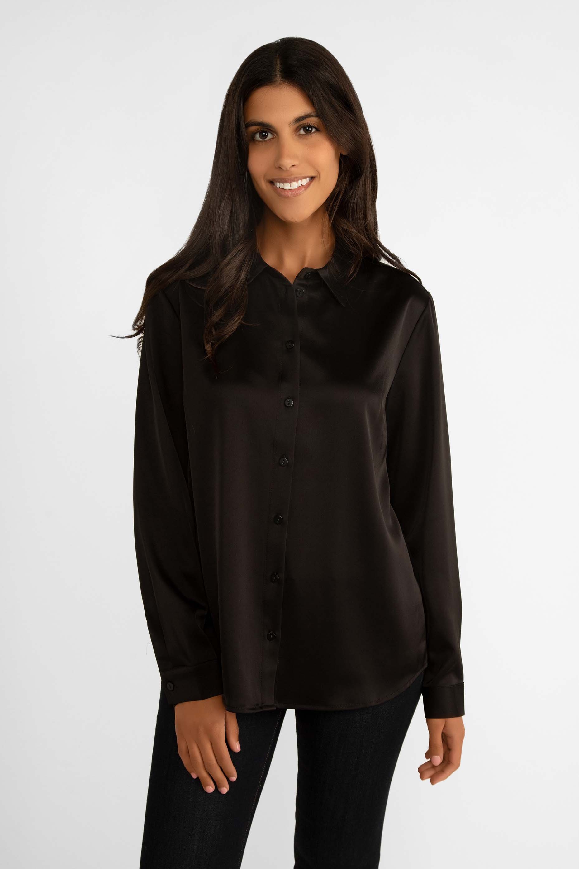 Carre Noir (7622) Women's Elegant Long Sleeve Satin Button Down Blouse With Collar in Black