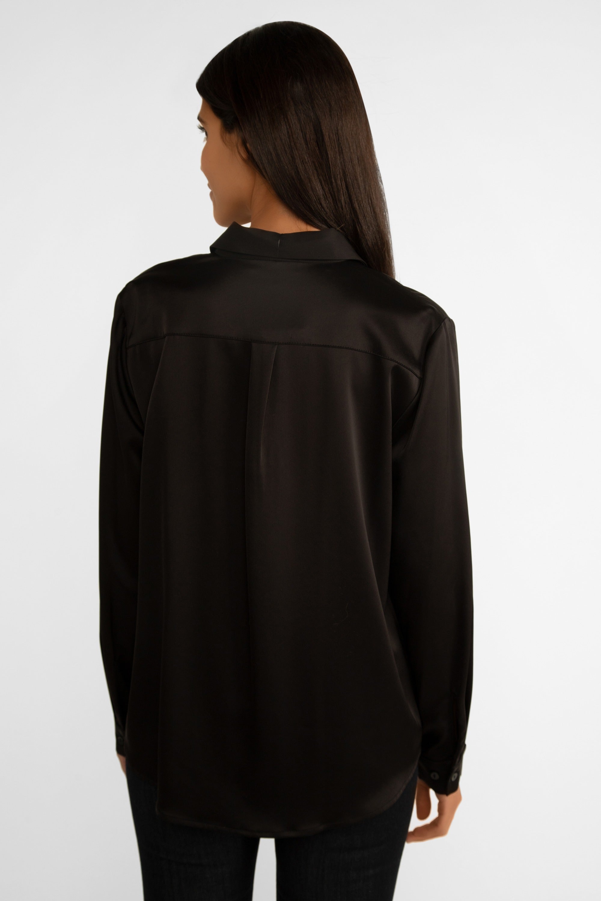 Back view of Carre Noir (7622) Women's Elegant Long Sleeve Satin Button Down Blouse With Collar in Black