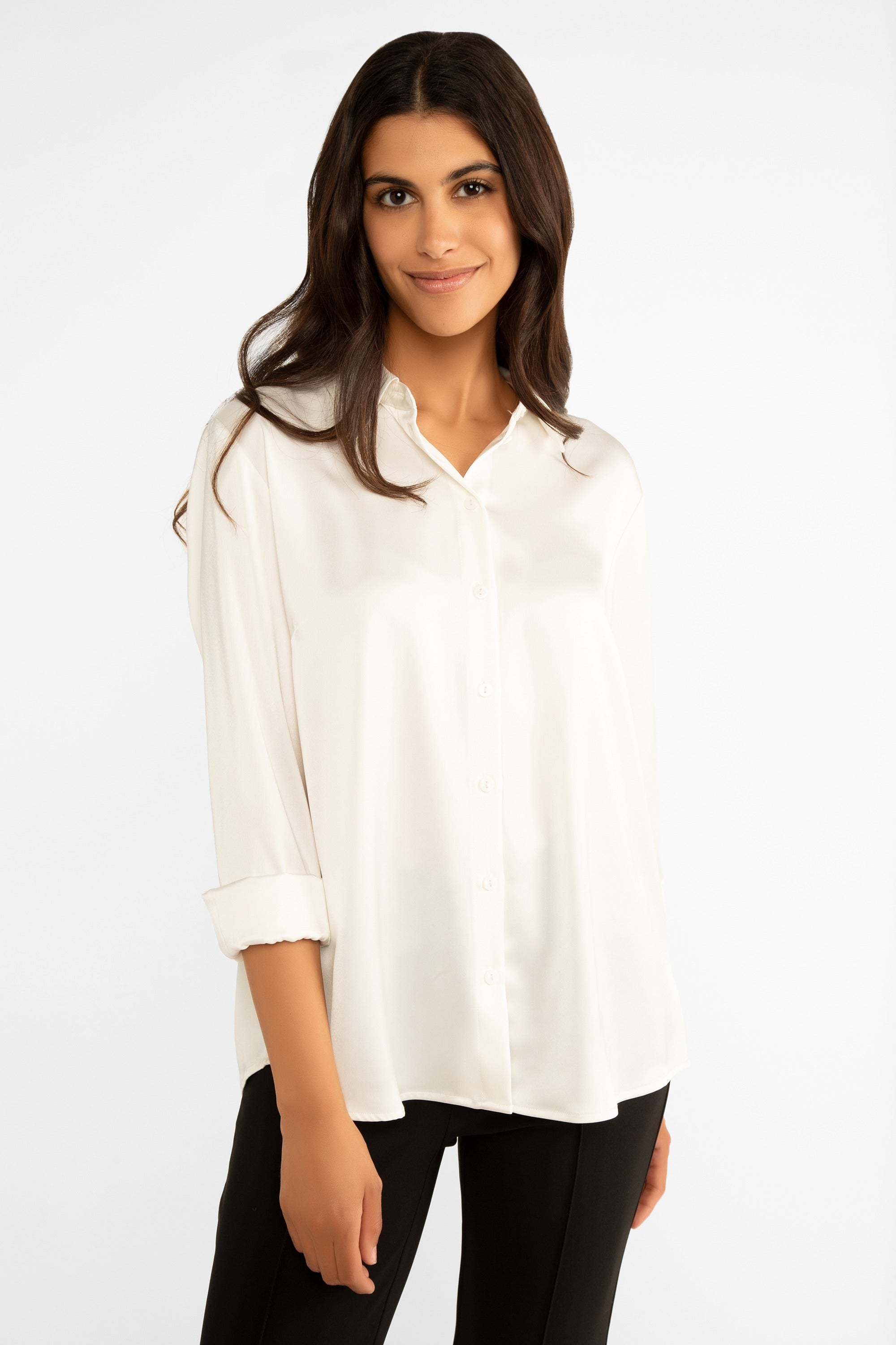 Carre Noir (7622) Women's Elegant Long Sleeve Satin Button Down Blouse With Collar in White