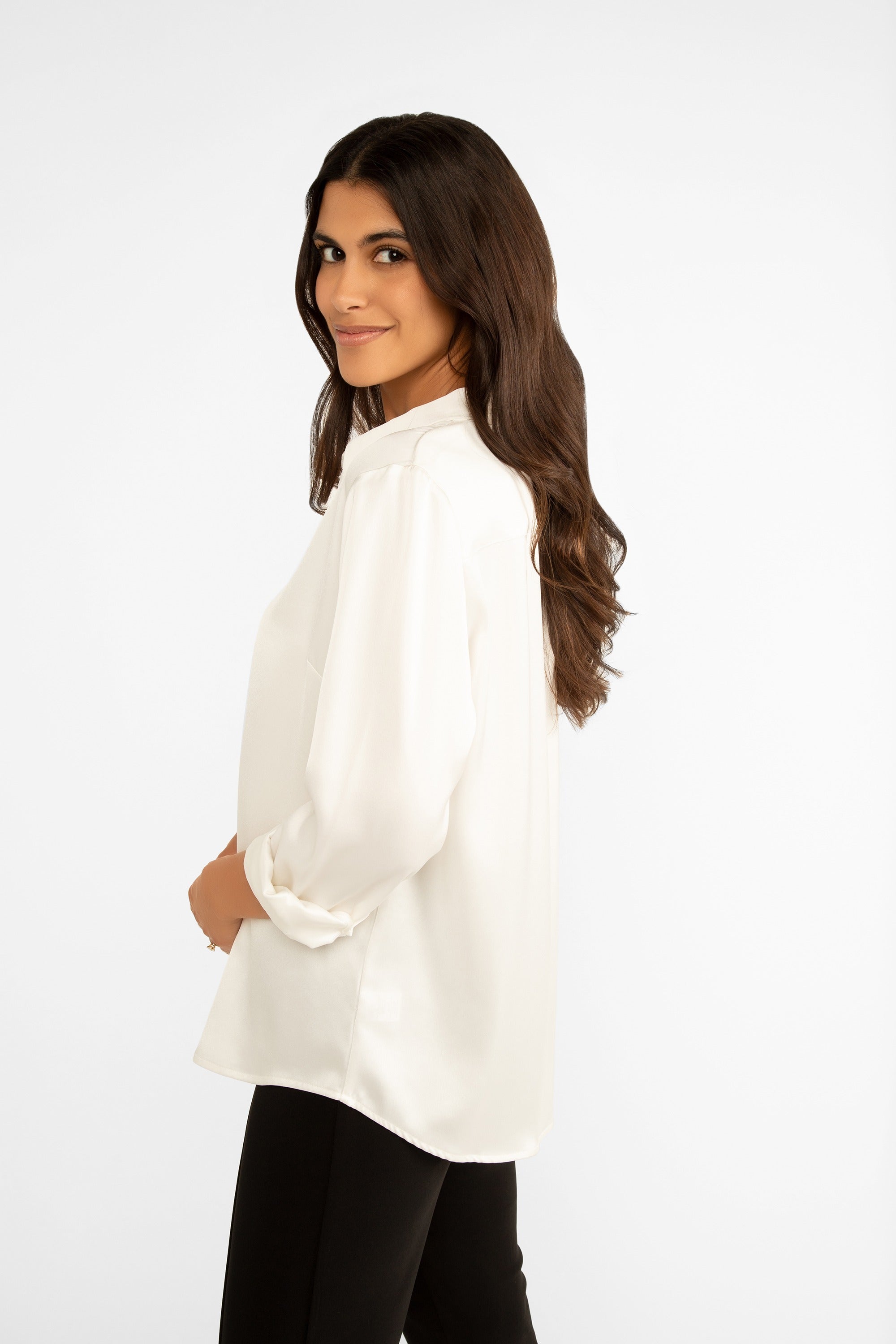 Side view of Carre Noir (7622) Women's Elegant Long Sleeve Satin Button Down Blouse With Collar in White