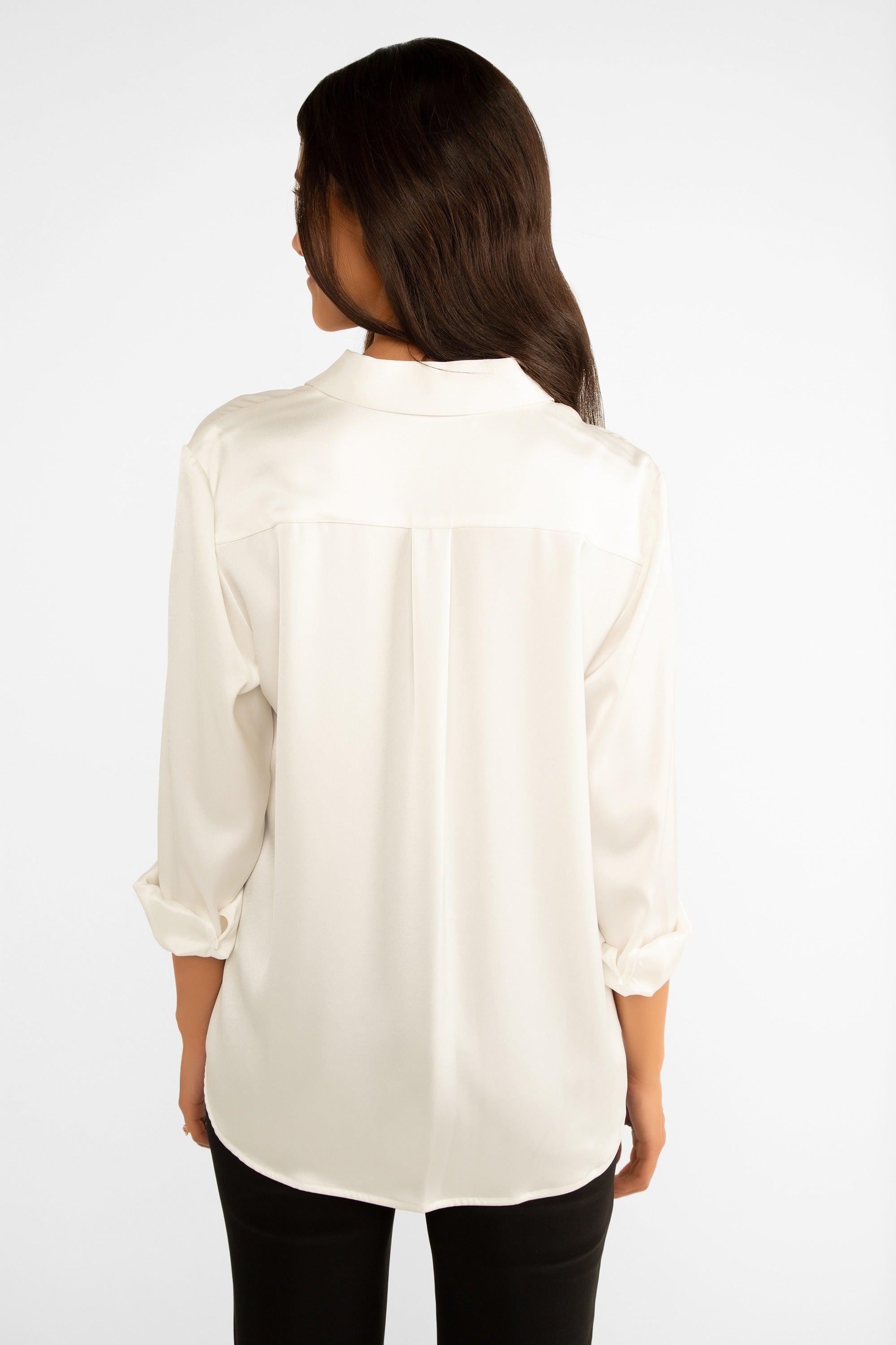 Back view of Carre Noir (7622) Women's Elegant Long Sleeve Satin Button Down Blouse With Collar in White