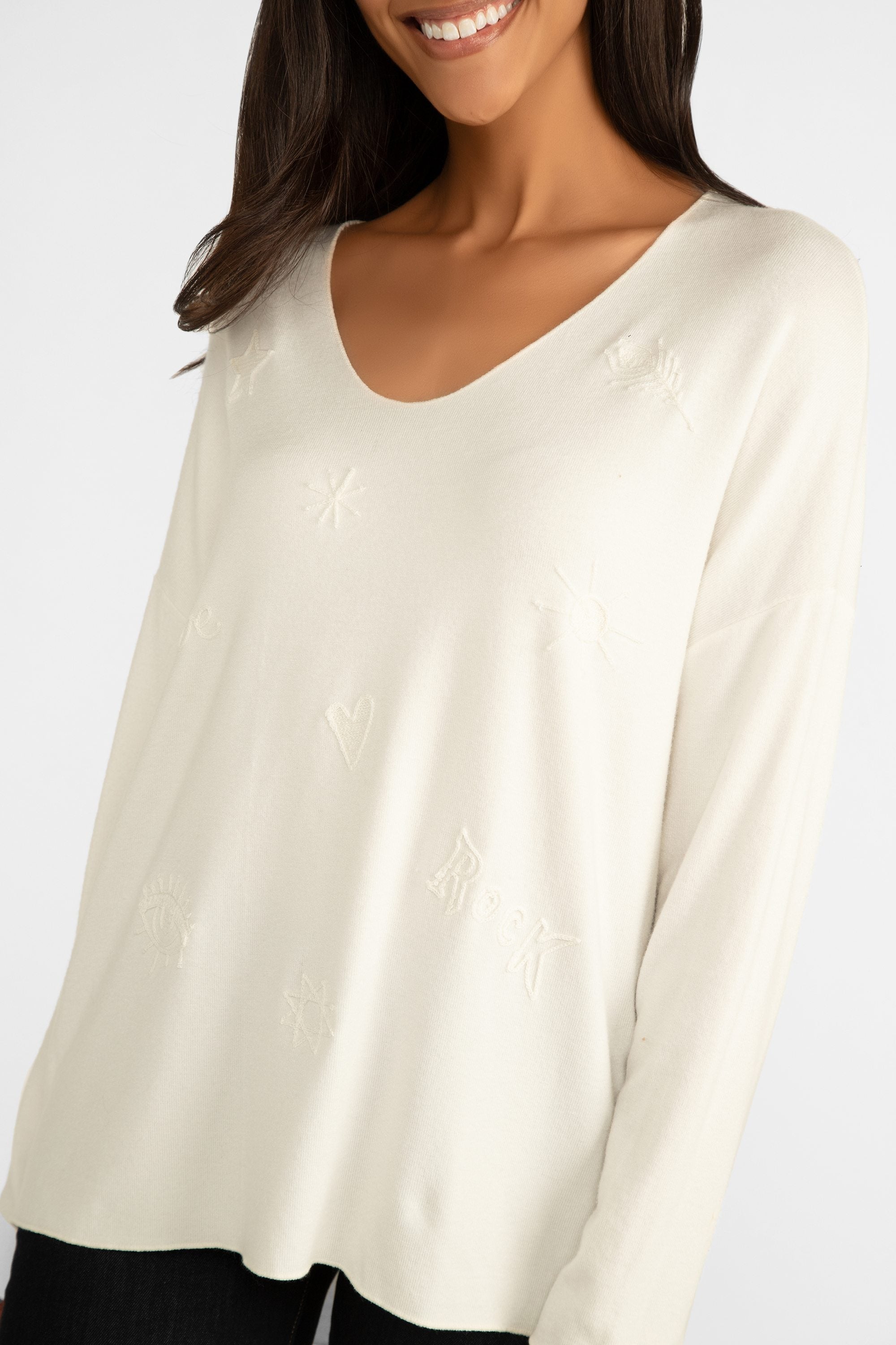 Elissia (CT18042-1) Women's Long Sleeve Wool & Angora Blend Pullover Sweater with embroidered shapes in Off White