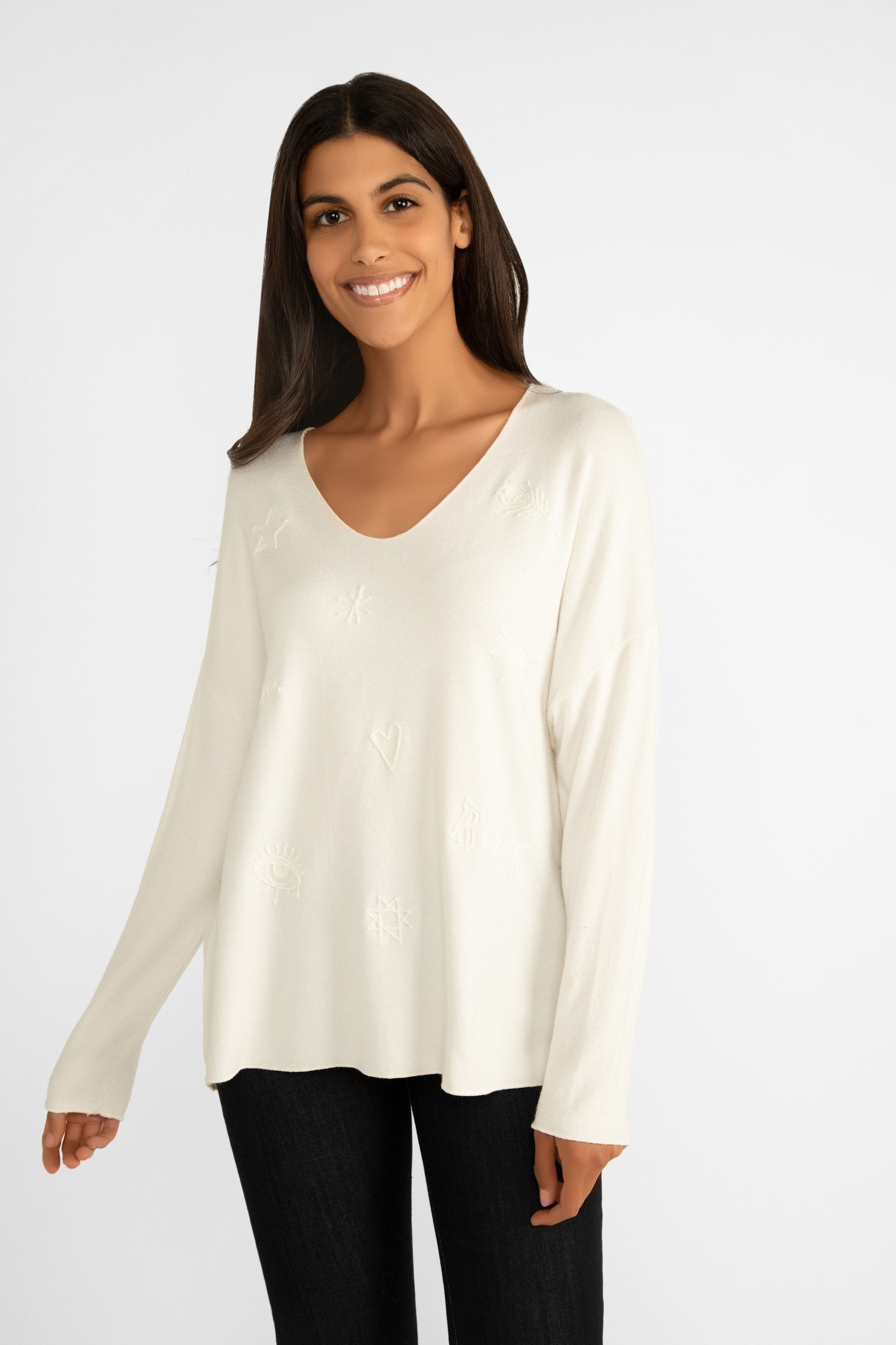 Elissia (CT18042-1) Women's Long Sleeve Wool & Angora Blend Pullover Sweater with embroidered shapes in Off White