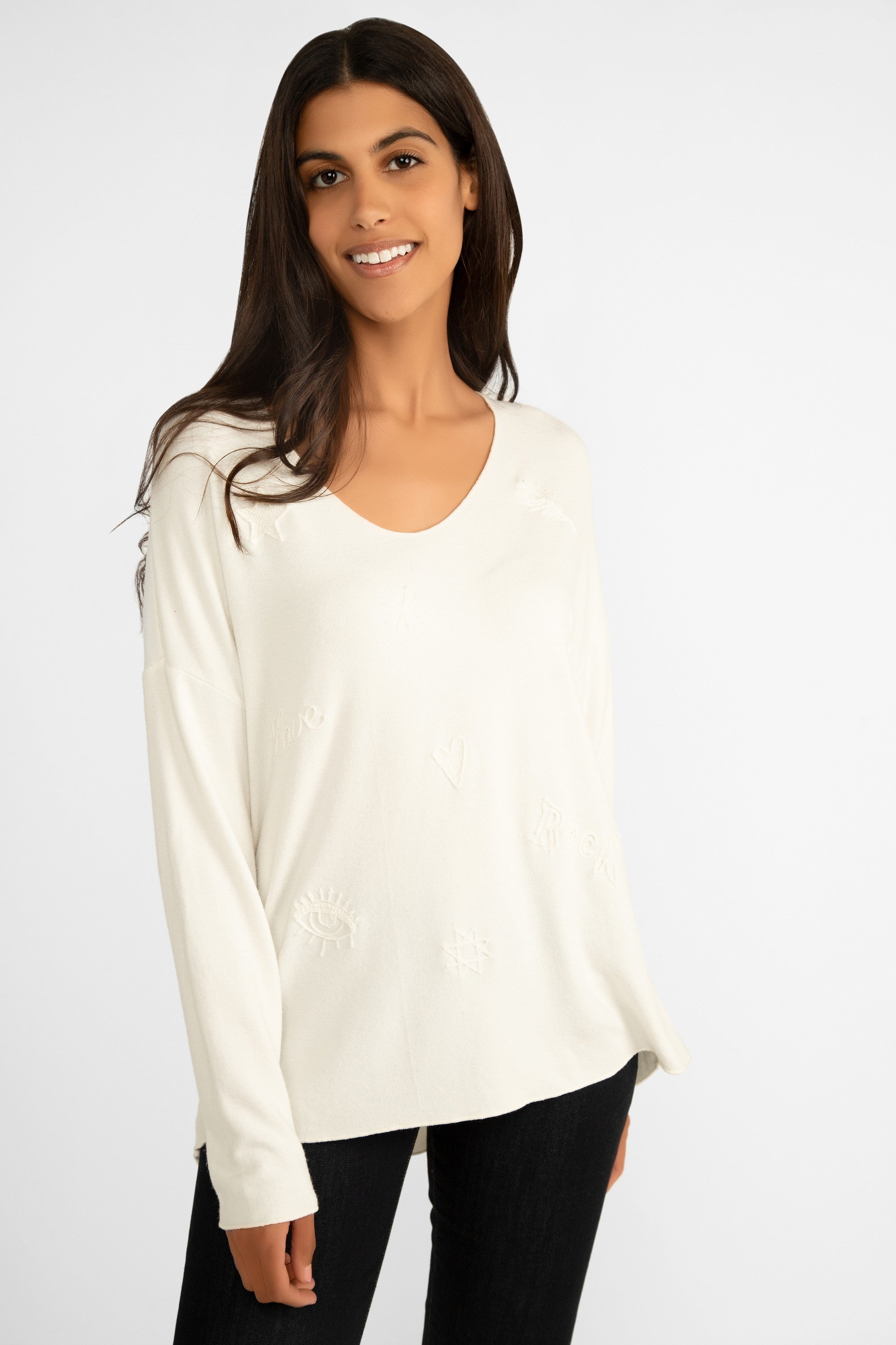 Elissia (CT18042-1) Women's Long Sleeve Wool & Angora Blend Pullover Sweater with embroidered shapes in Off White