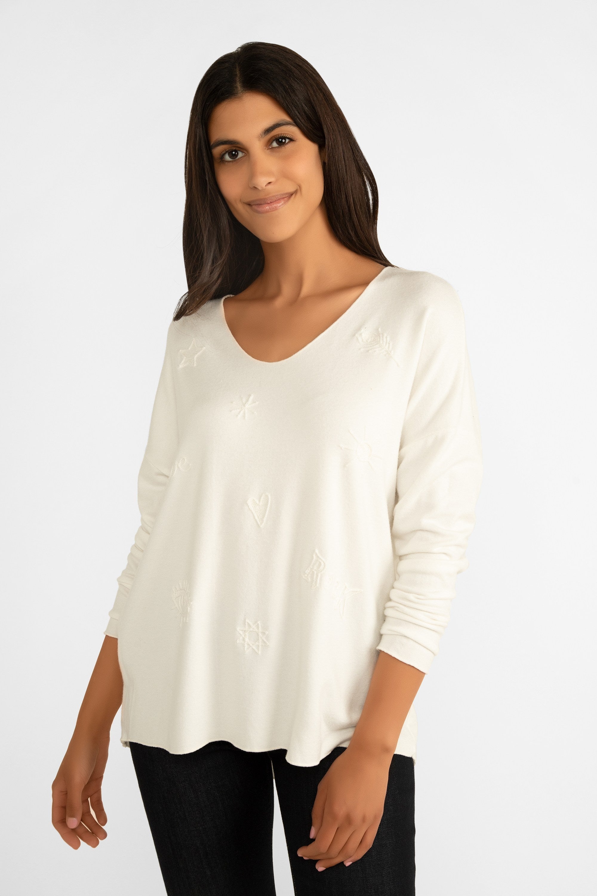 Elissia (CT18042-1) Women's Long Sleeve Wool & Angora Blend Pullover Sweater with embroidered shapes in Off White