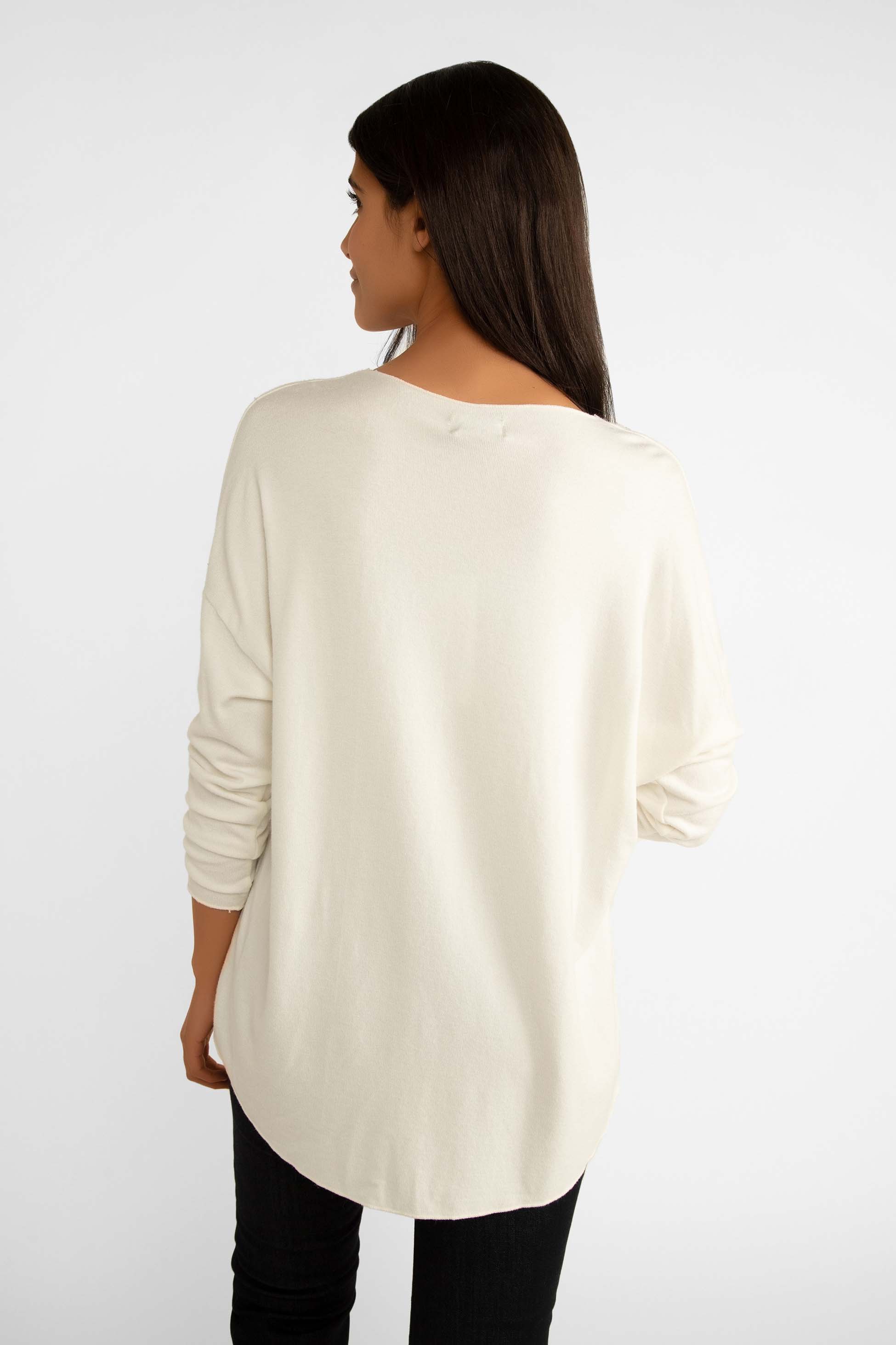 Back view of Elissia (CT18042-1) Women's Long Sleeve Wool & Angora Blend Pullover Sweater with embroidered shapes in Off White