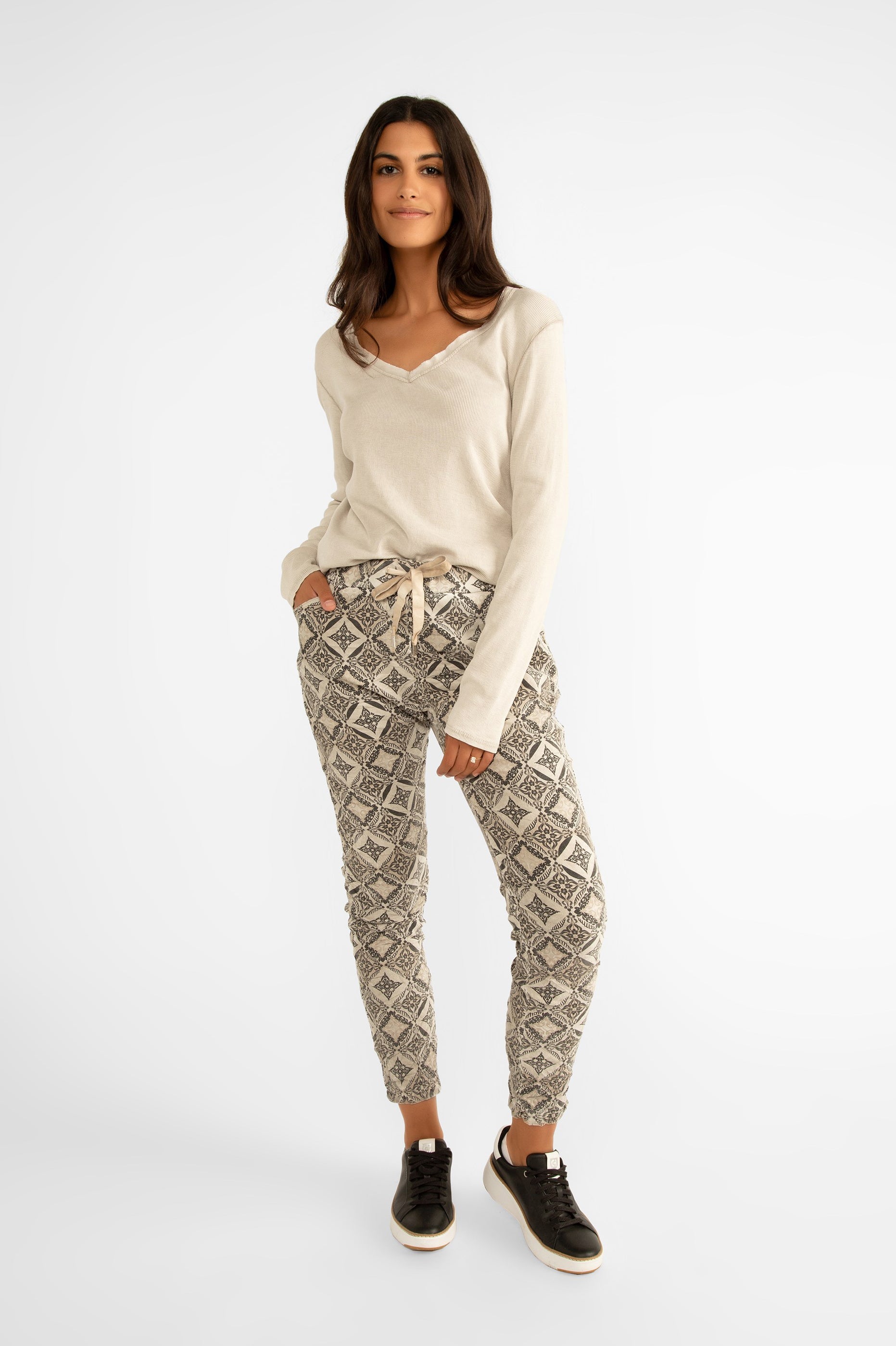 Elissia (GM6175-4) Women's Cropped Slim Fit Jogger Pants with Pockets and Adjustable Drawstring Waist in a Beige Mosaic Tile Print