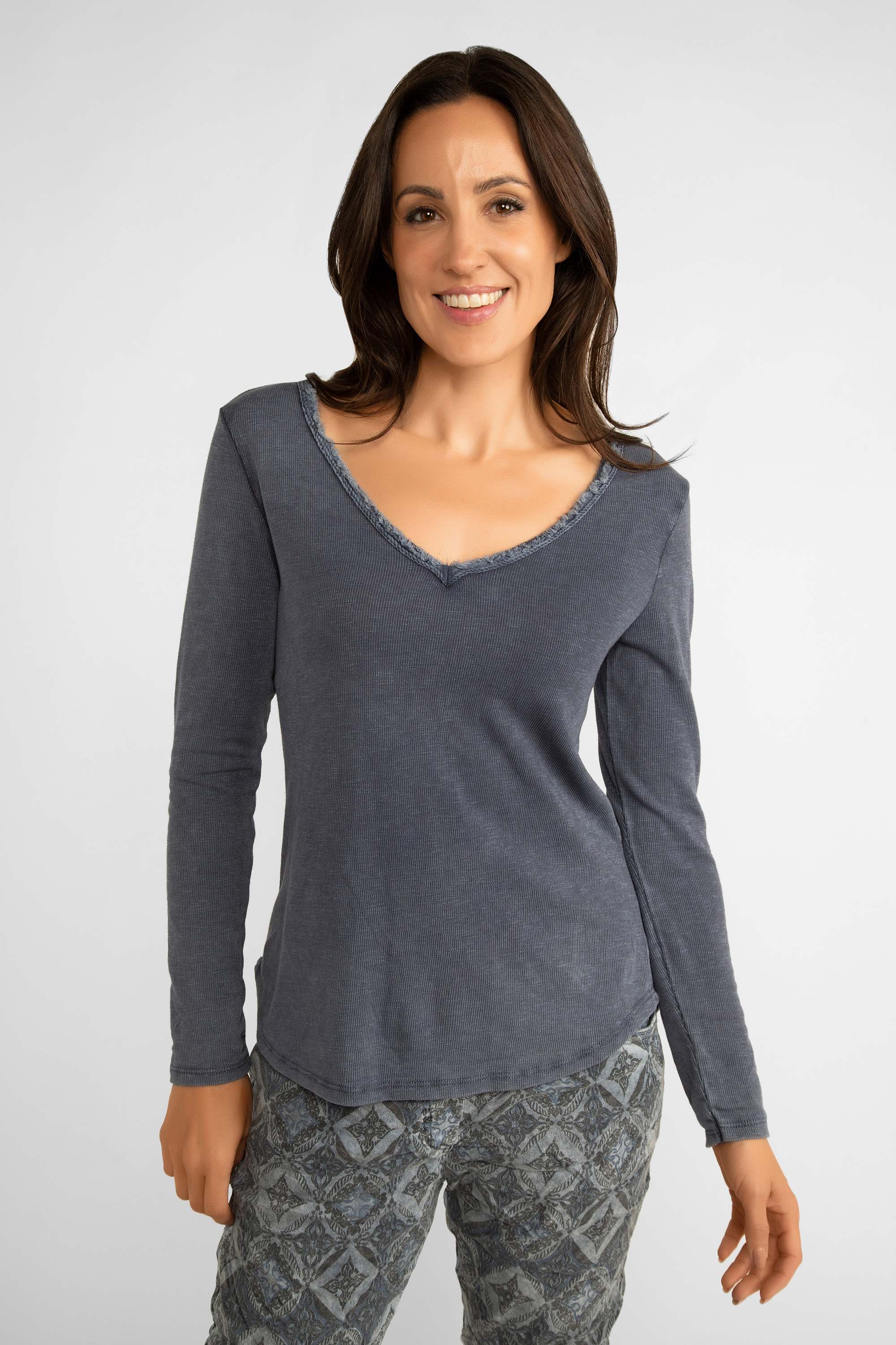 Elissia (CT2258) Women's Long Sleeve V-Neck Top with Frayed Trim in Jeans blue