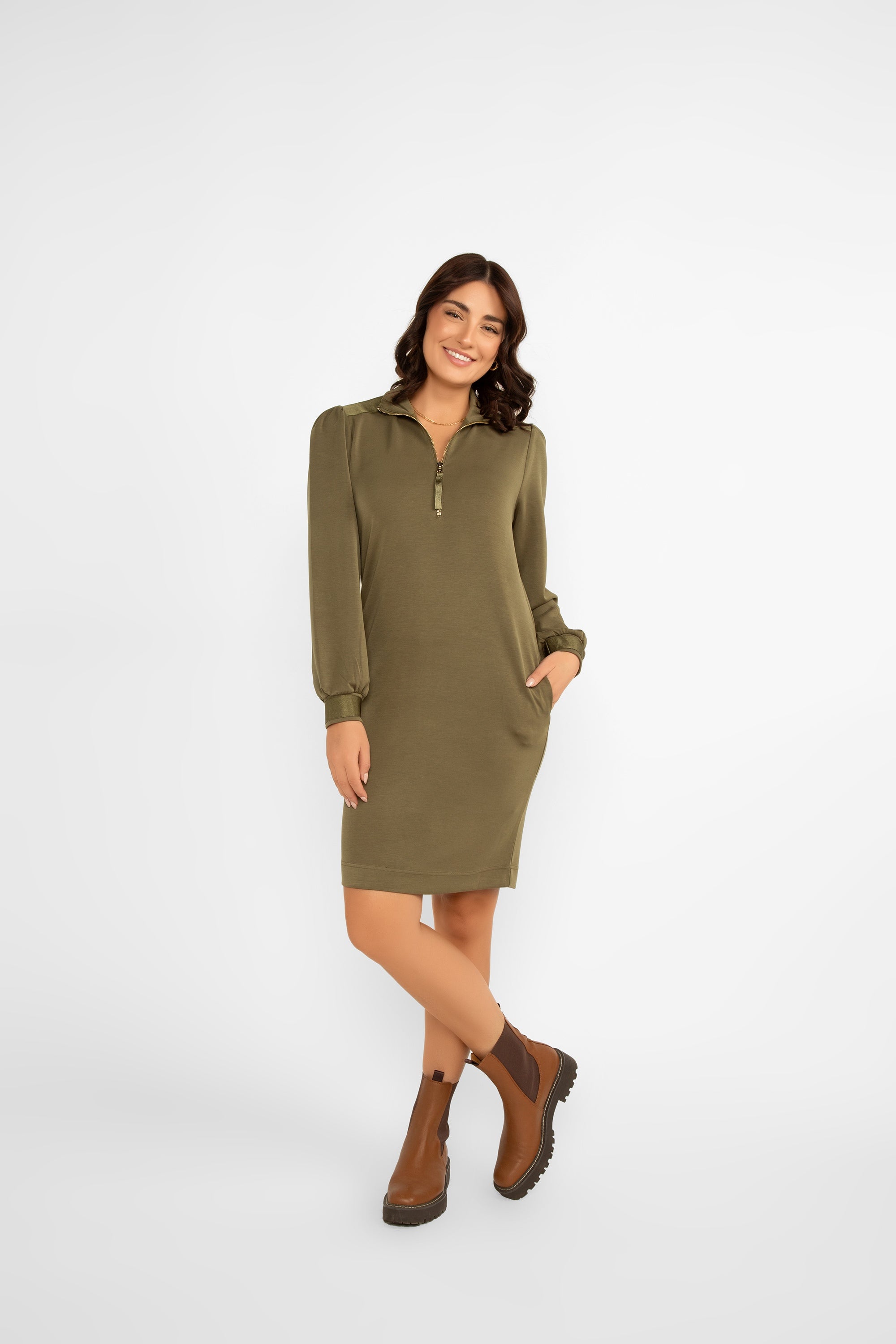 Esqualo (F2405501) Women's Long Sleeve Modal Mini Dress With Zip up neckline in Moss Green