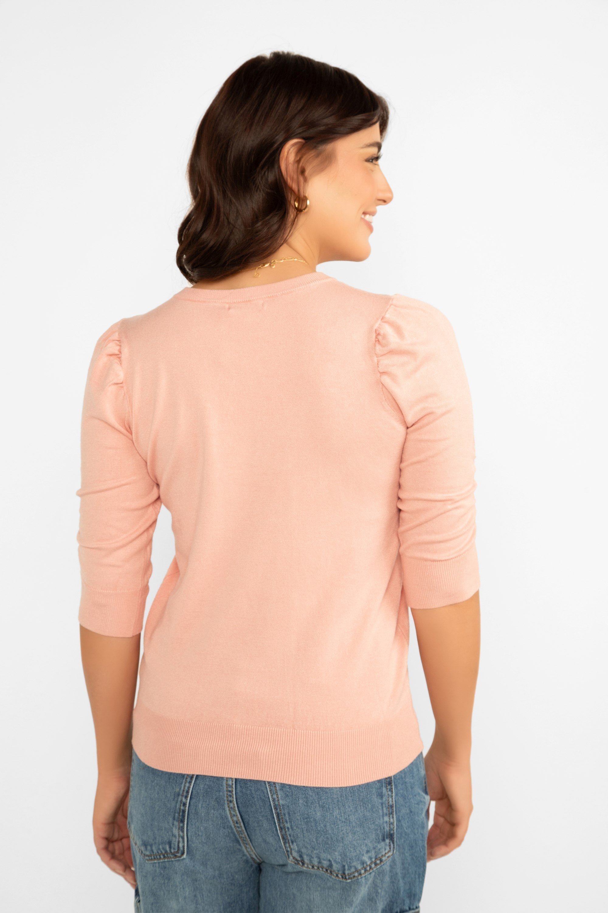 Back view of Esqualo (F2407529) Women's V-neck Knit Sweater With Short Puff Sleeves in  Blush Pink