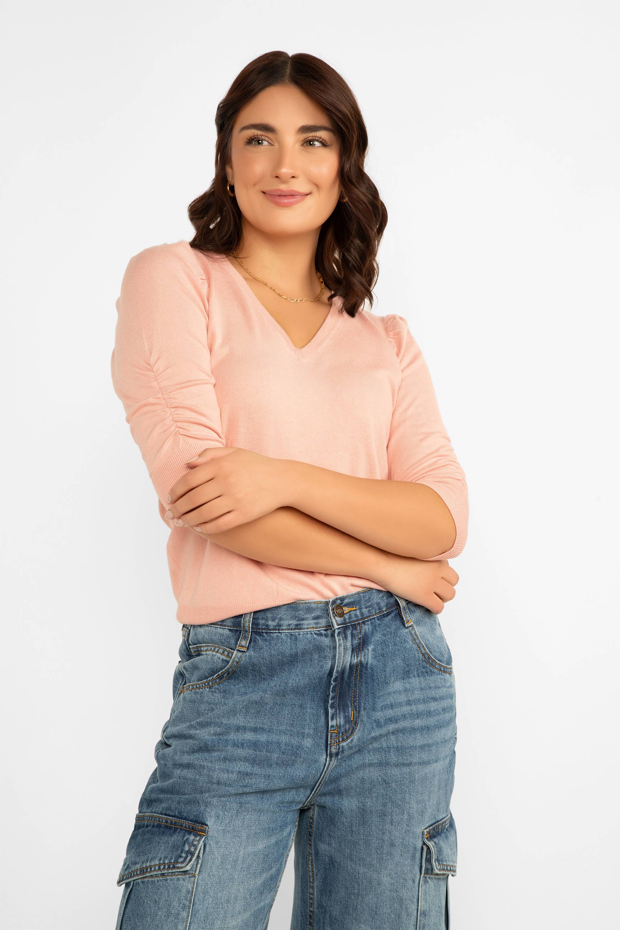 Esqualo (F2407529) Women's V-neck Knit Sweater With Short Puff Sleeves in  Blush Pink