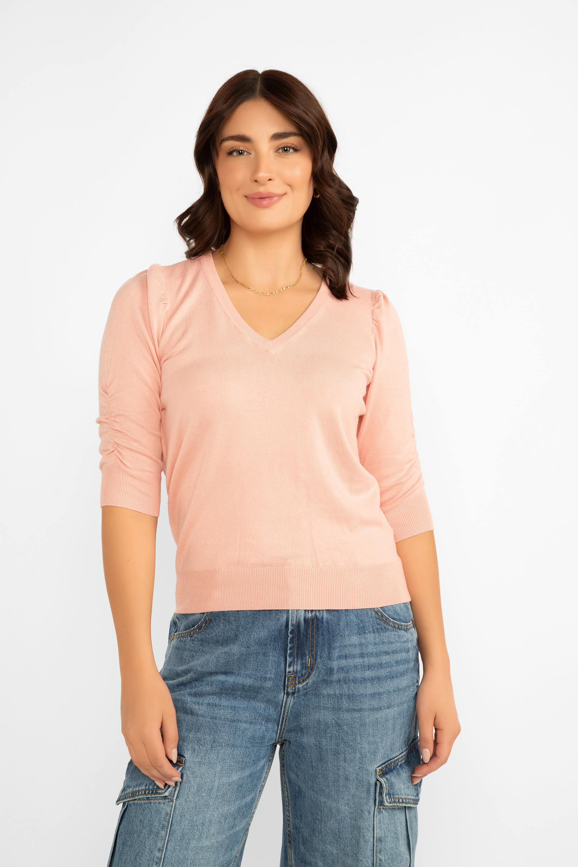 Esqualo (F2407529) Women's V-neck Knit Sweater With Short Puff Sleeves in  Blush Pink