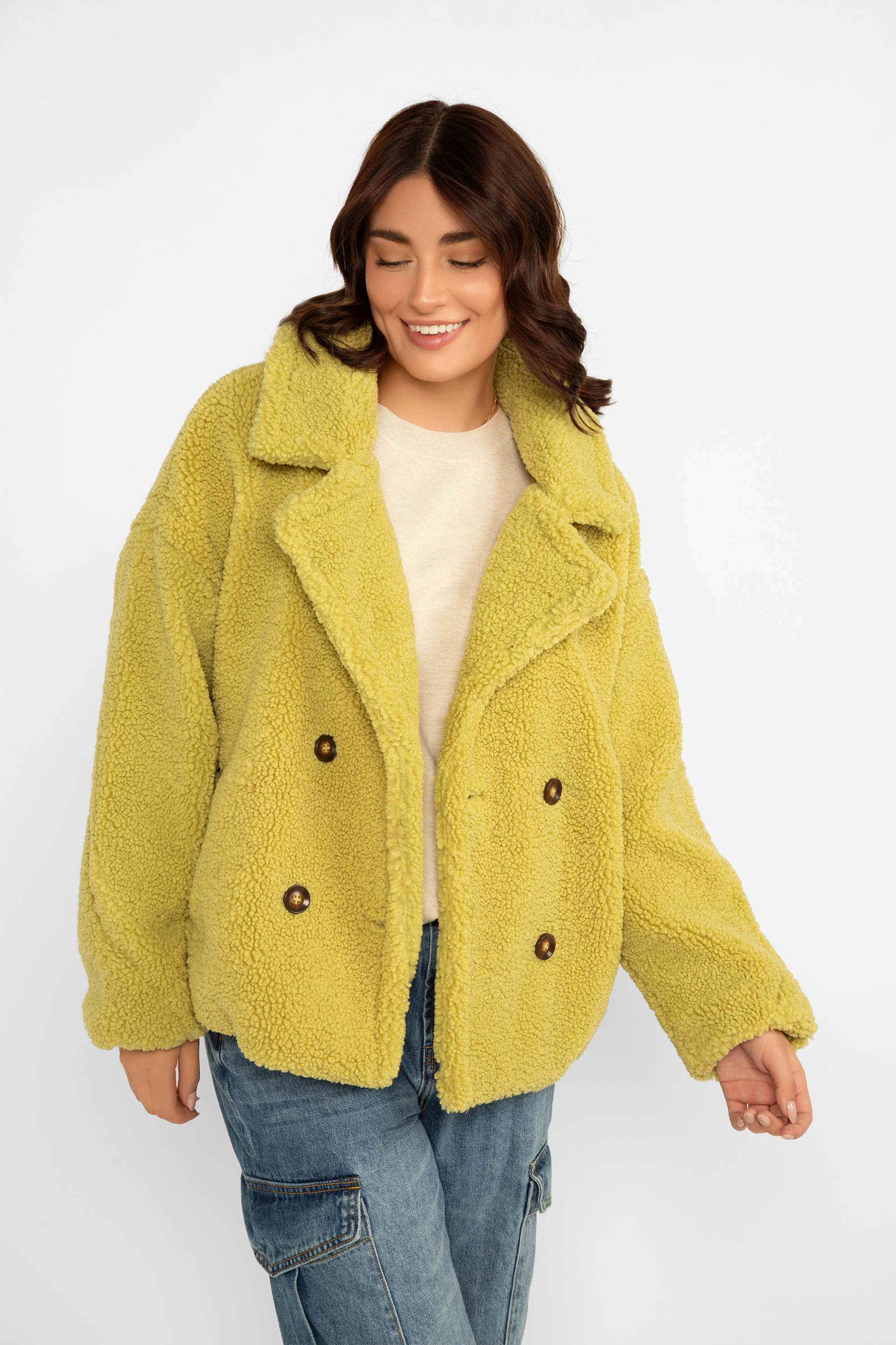 Esqualo (F2437514) Women's Long Sleeve Teddy Jacket with Notched Lapel and Double Breasted Button Open in Leaf Green