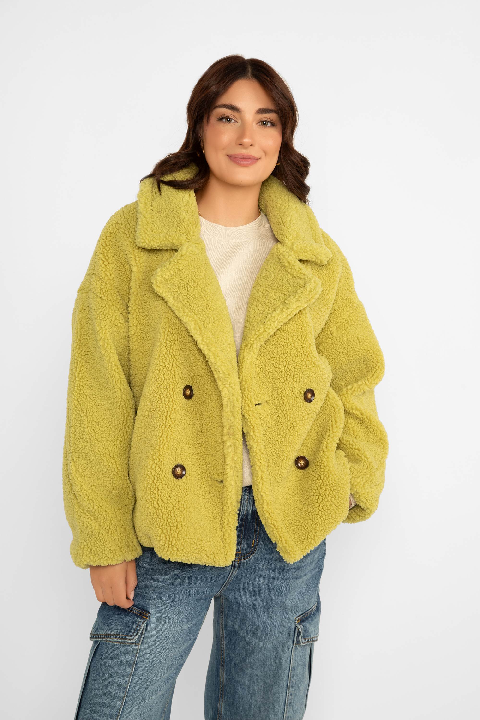 Esqualo (F2437514) Women's Long Sleeve Teddy Jacket with Notched Lapel and Double Breasted Button Open in Leaf Green