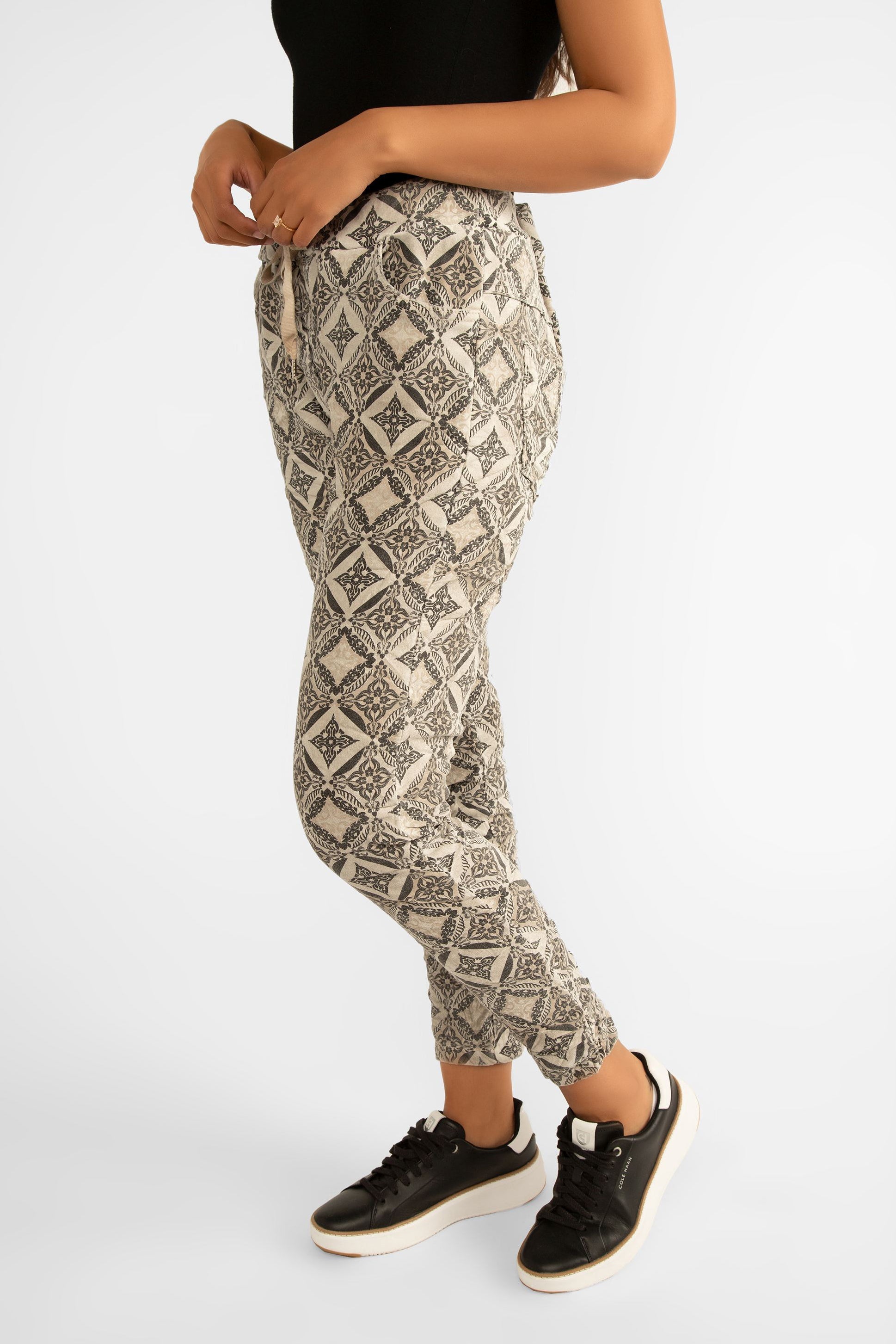 Elissia (GM6175-4) Women's Cropped Slim Fit Jogger Pants with Pockets and Adjustable Drawstring Waist in a Beige Mosaic Tile Print