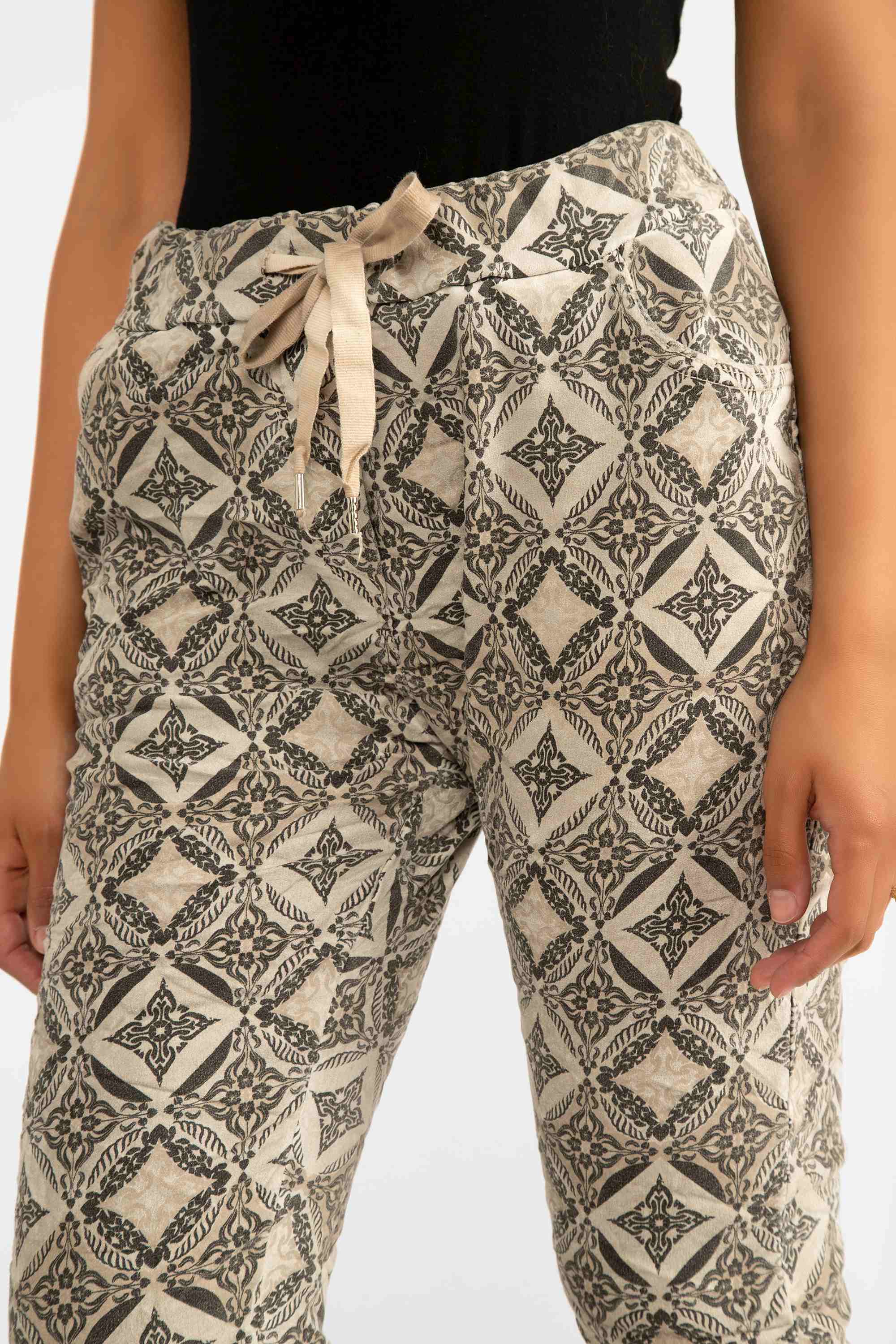 Elissia (GM6175-4) Women's Cropped Slim Fit Jogger Pants with Pockets and Adjustable Drawstring Waist in a Beige Mosaic Tile Print