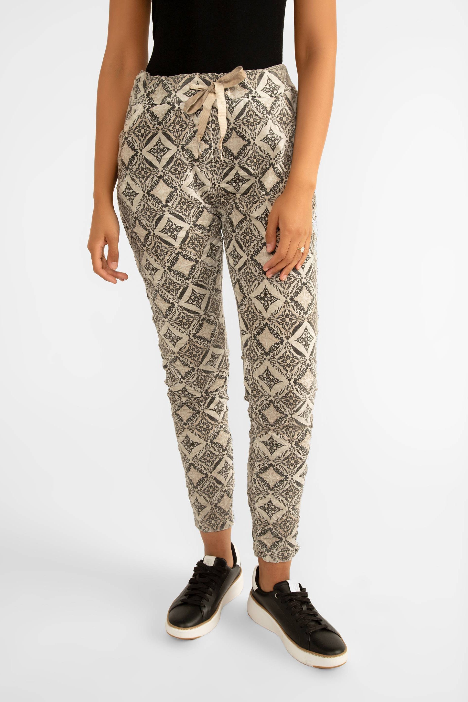 Elissia (GM6175-4) Women's Cropped Slim Fit Jogger Pants with Pockets and Adjustable Drawstring Waist in a Beige Mosaic Tile Print