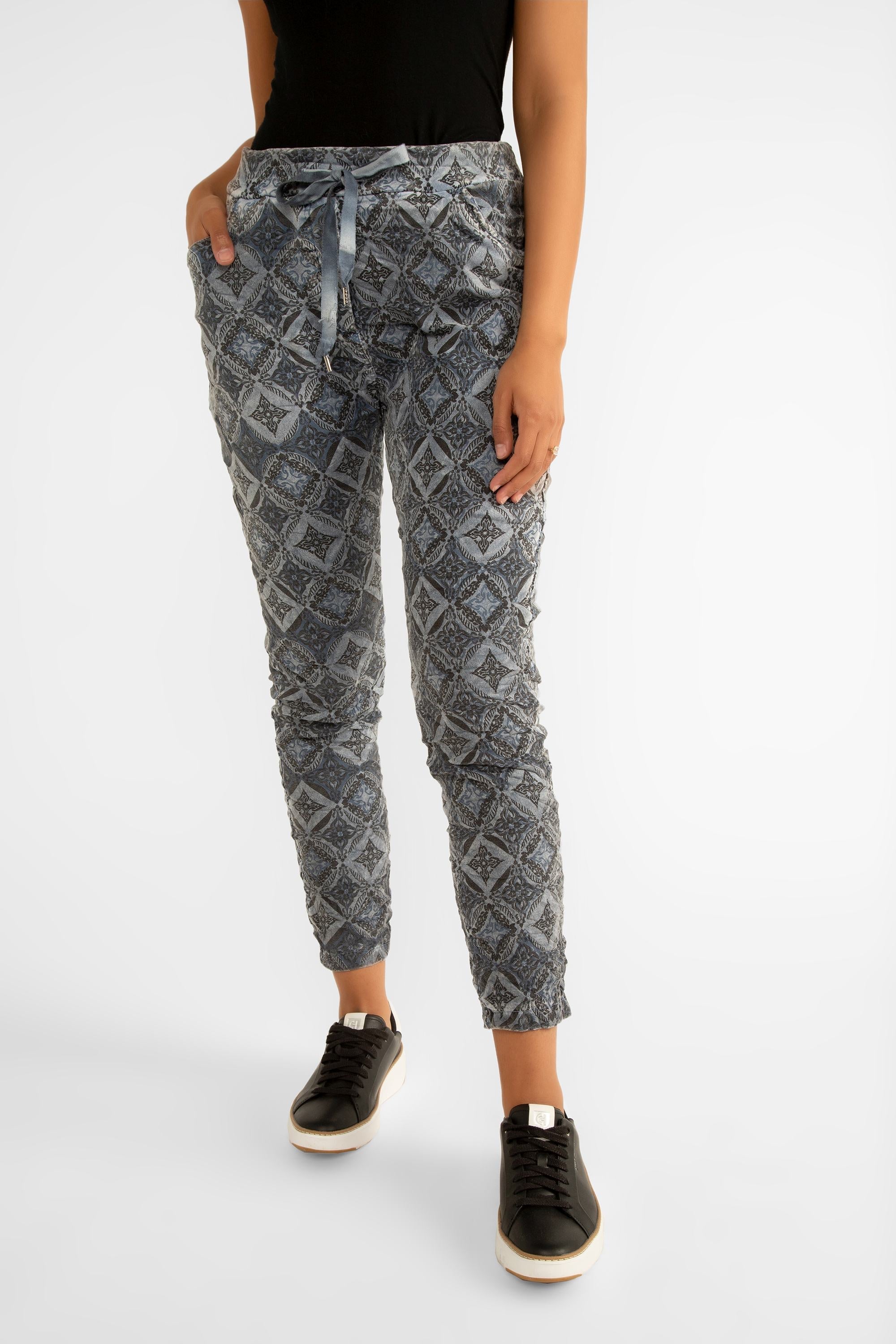 Elissia (GM6175-4) Women's Cropped Slim Fit Jogger Pants with Pockets and Adjustable Drawstring Waist in a Blue Mosaic Tile Print