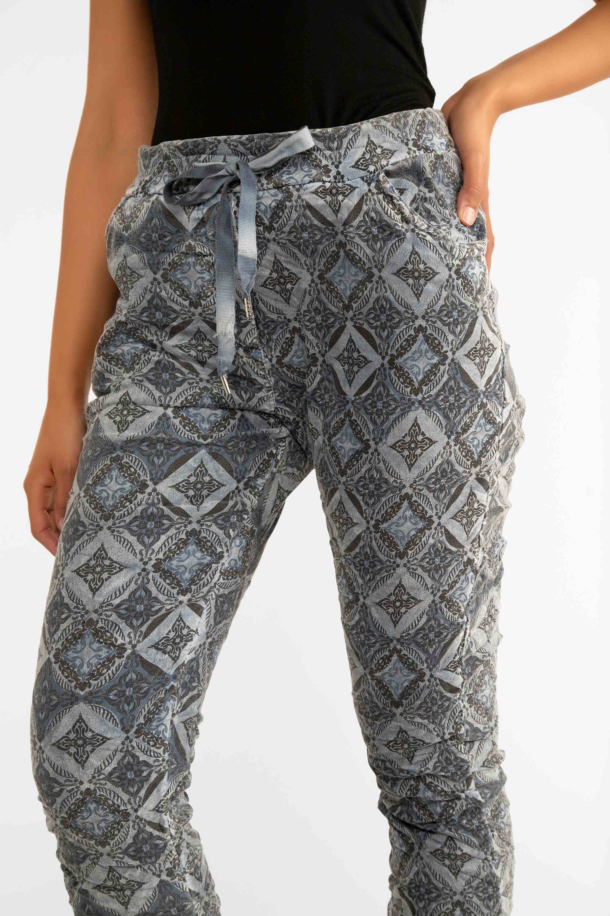 Elissia (GM6175-4) Women's Cropped Slim Fit Jogger Pants with Pockets and Adjustable Drawstring Waist in a Blue Mosaic Tile Print