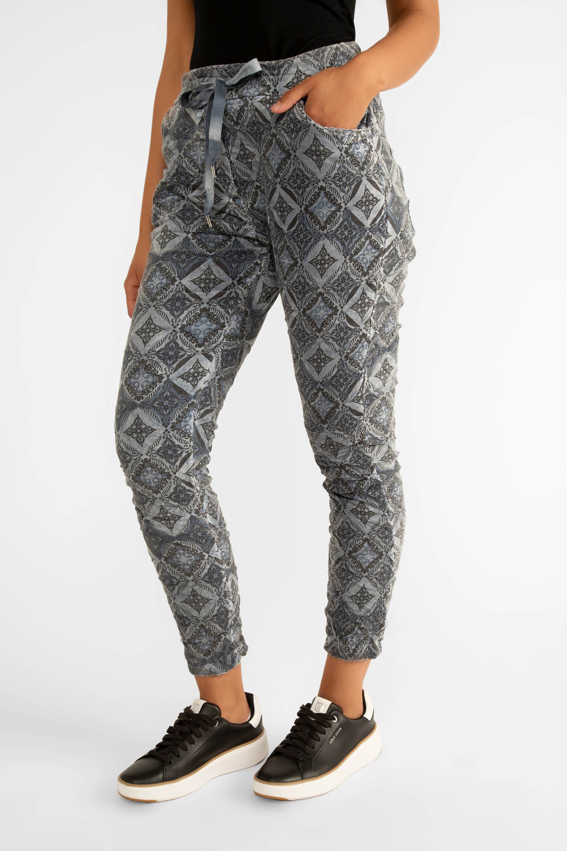 Elissia (GM6175-4) Women's Cropped Slim Fit Jogger Pants with Pockets and Adjustable Drawstring Waist in a Blue Mosaic Tile Print