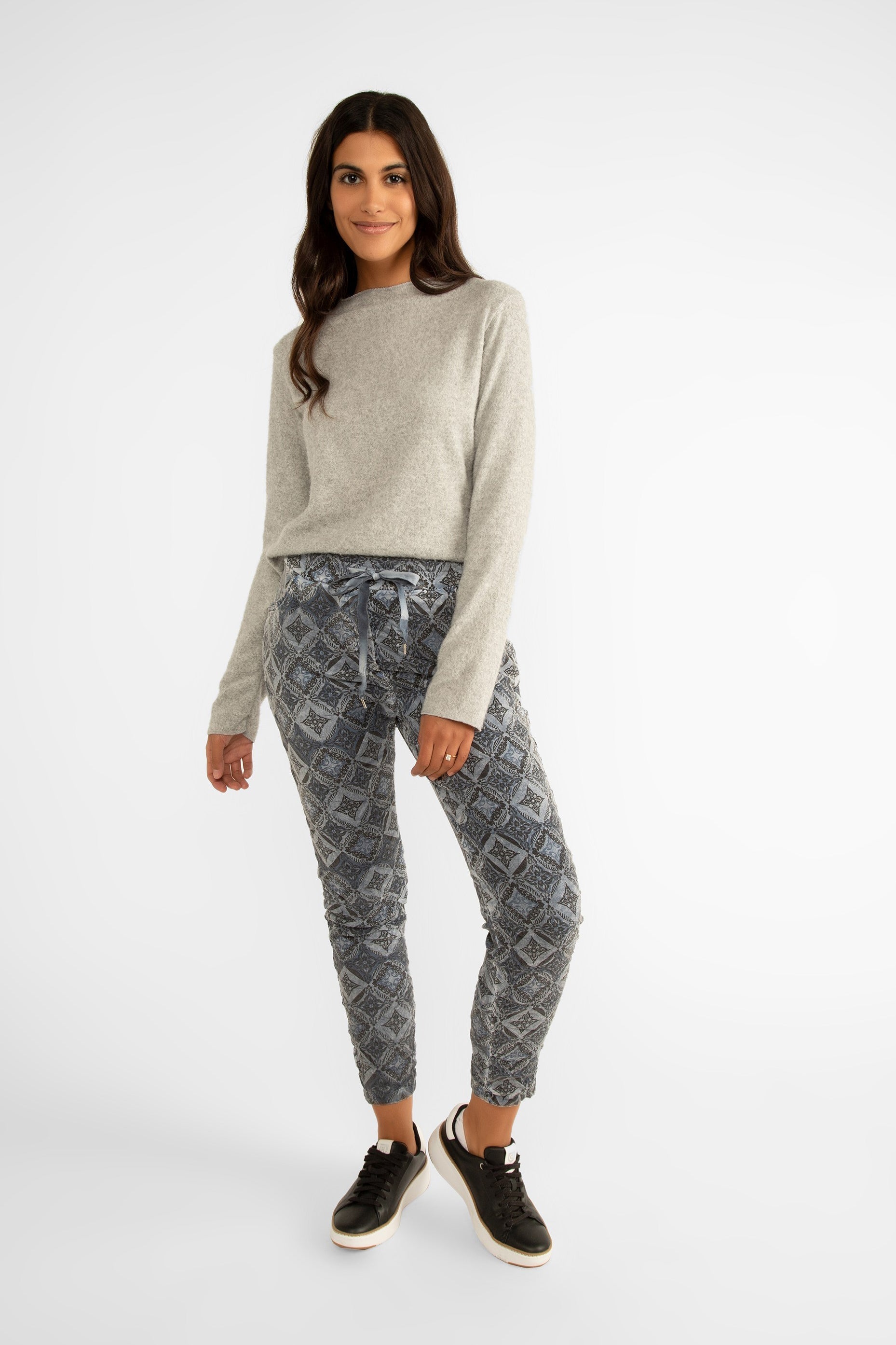 Elissia (GM6175-4) Women's Cropped Slim Fit Jogger Pants with Pockets and Adjustable Drawstring Waist in a Blue Mosaic Tile Print