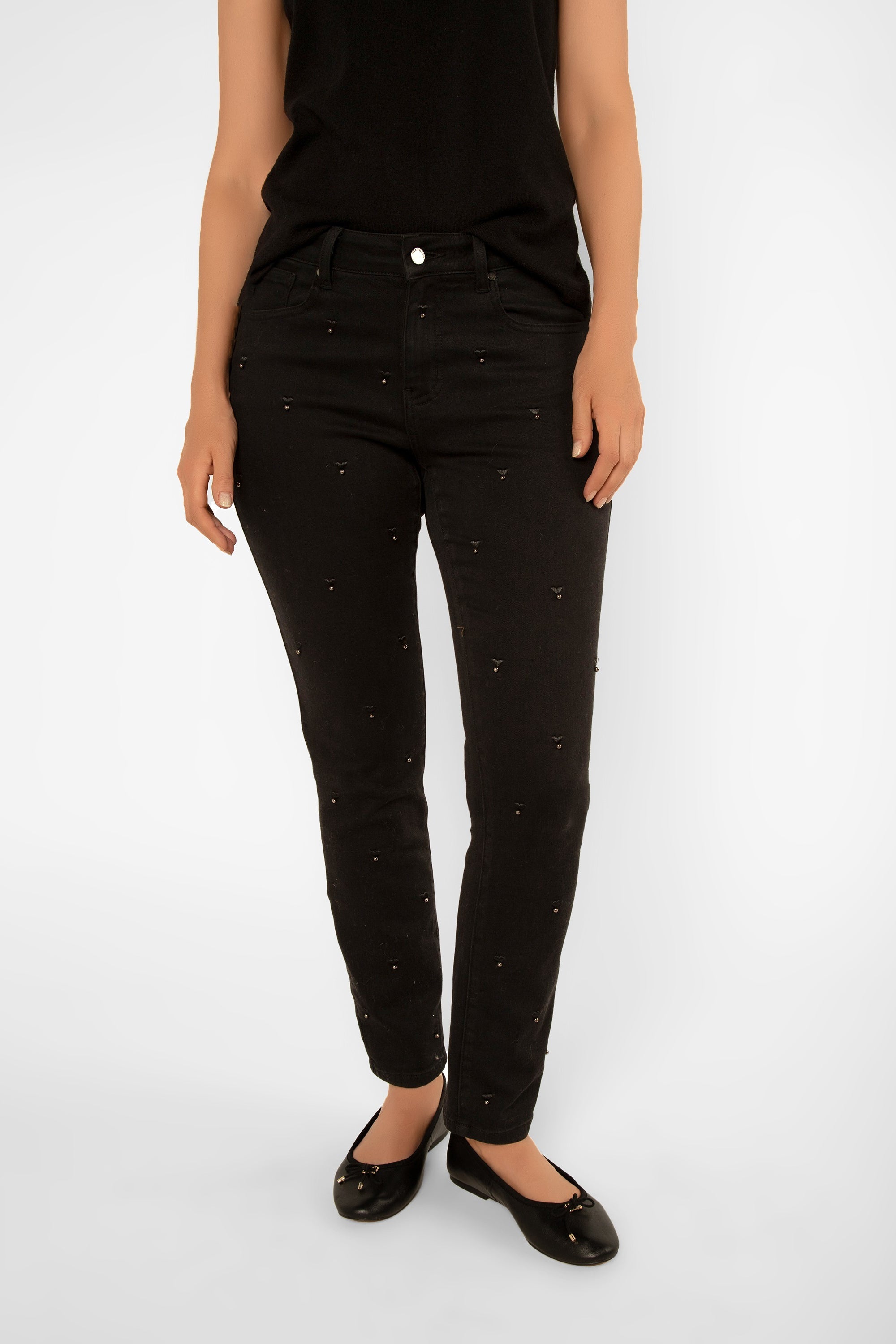 Picadilly (L6045) Women's Ankle Length Slim Fit Jeans with Embroidered Hearts and Bead embellishments in Black 