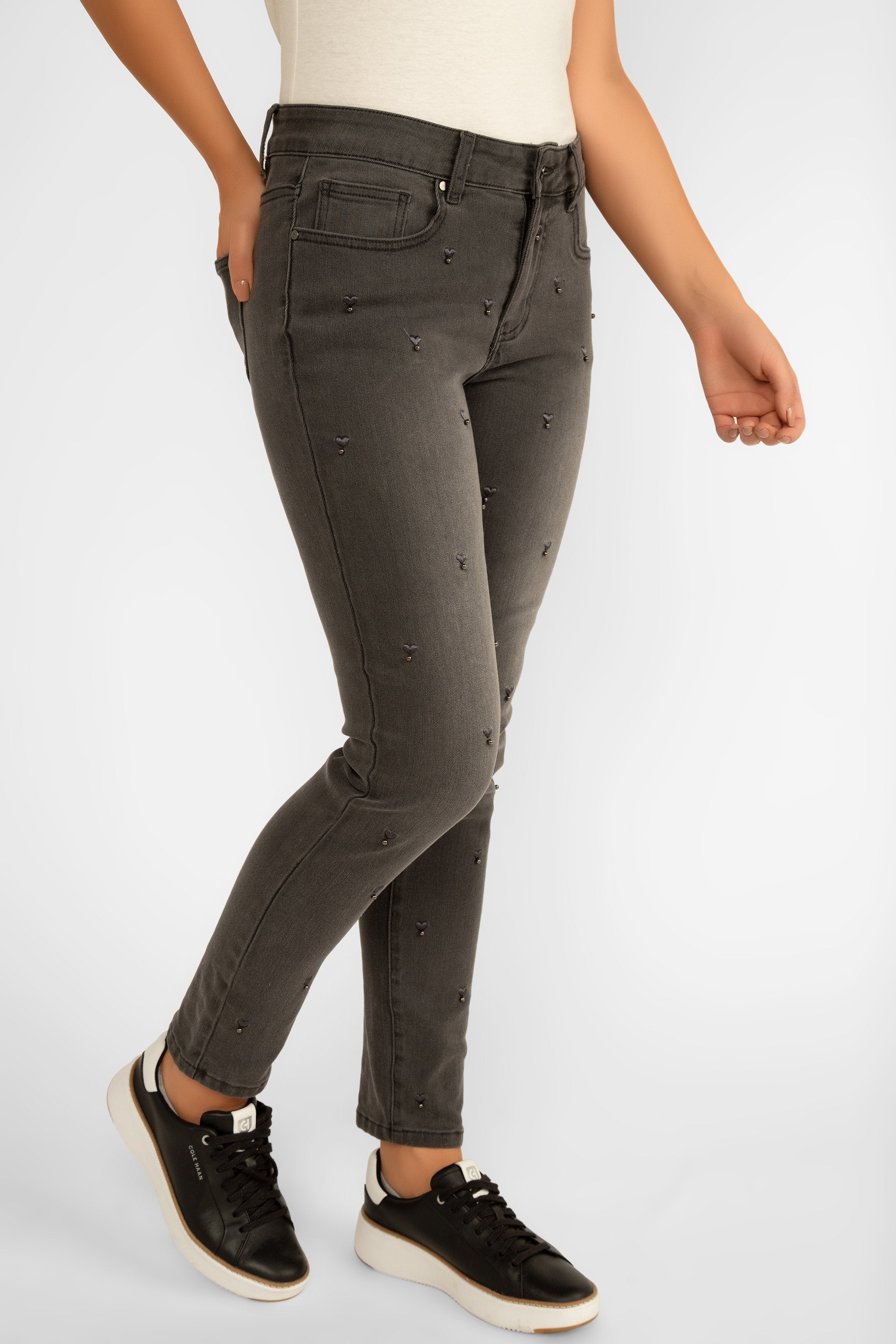 Picadilly (L6045) Women's Ankle Length Slim Fit Jeans with Embroidered Hearts and Bead embellishments in Charcoal