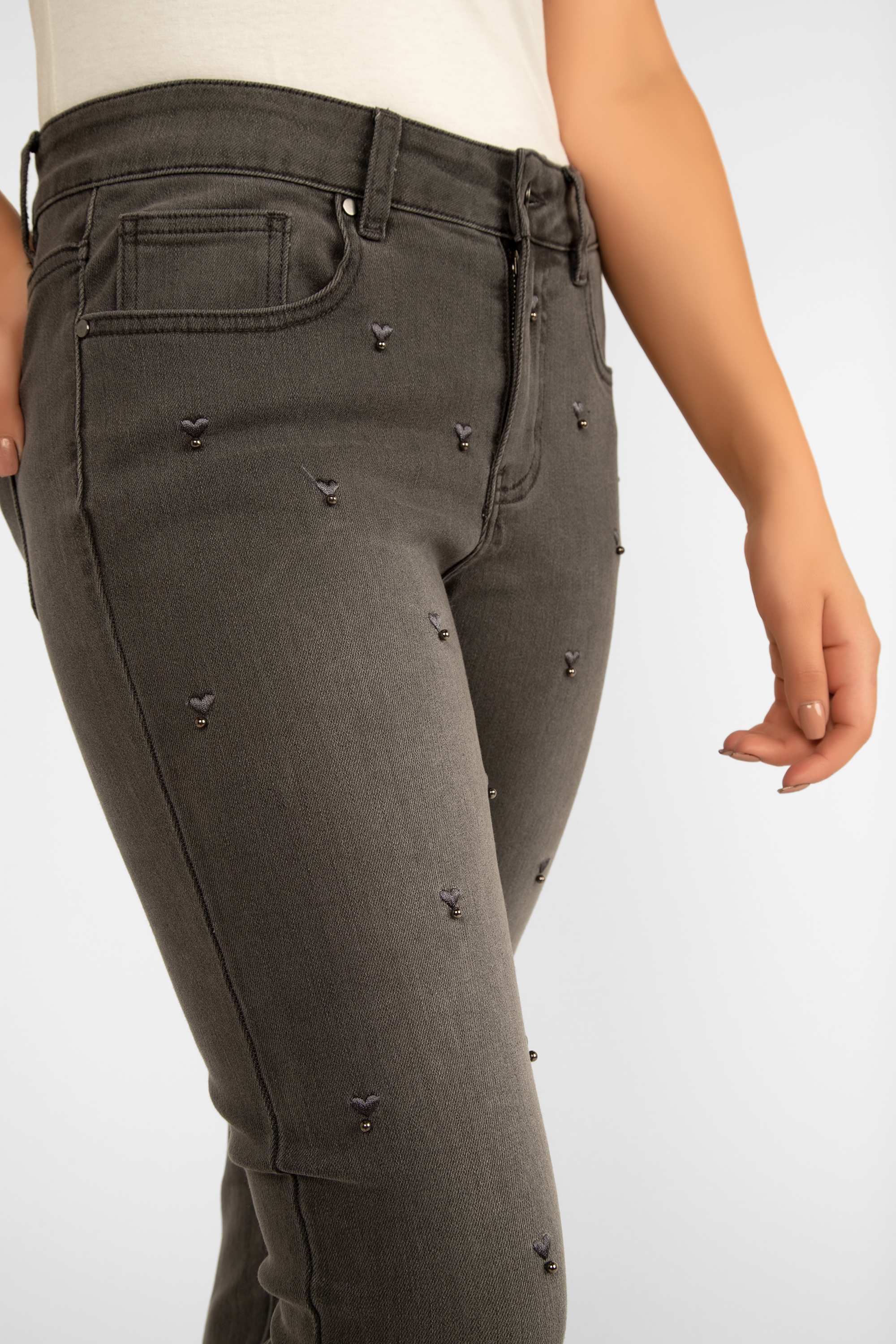 Picadilly (L6045) Women's Ankle Length Slim Fit Jeans with Embroidered Hearts and Bead embellishments in Charcoal