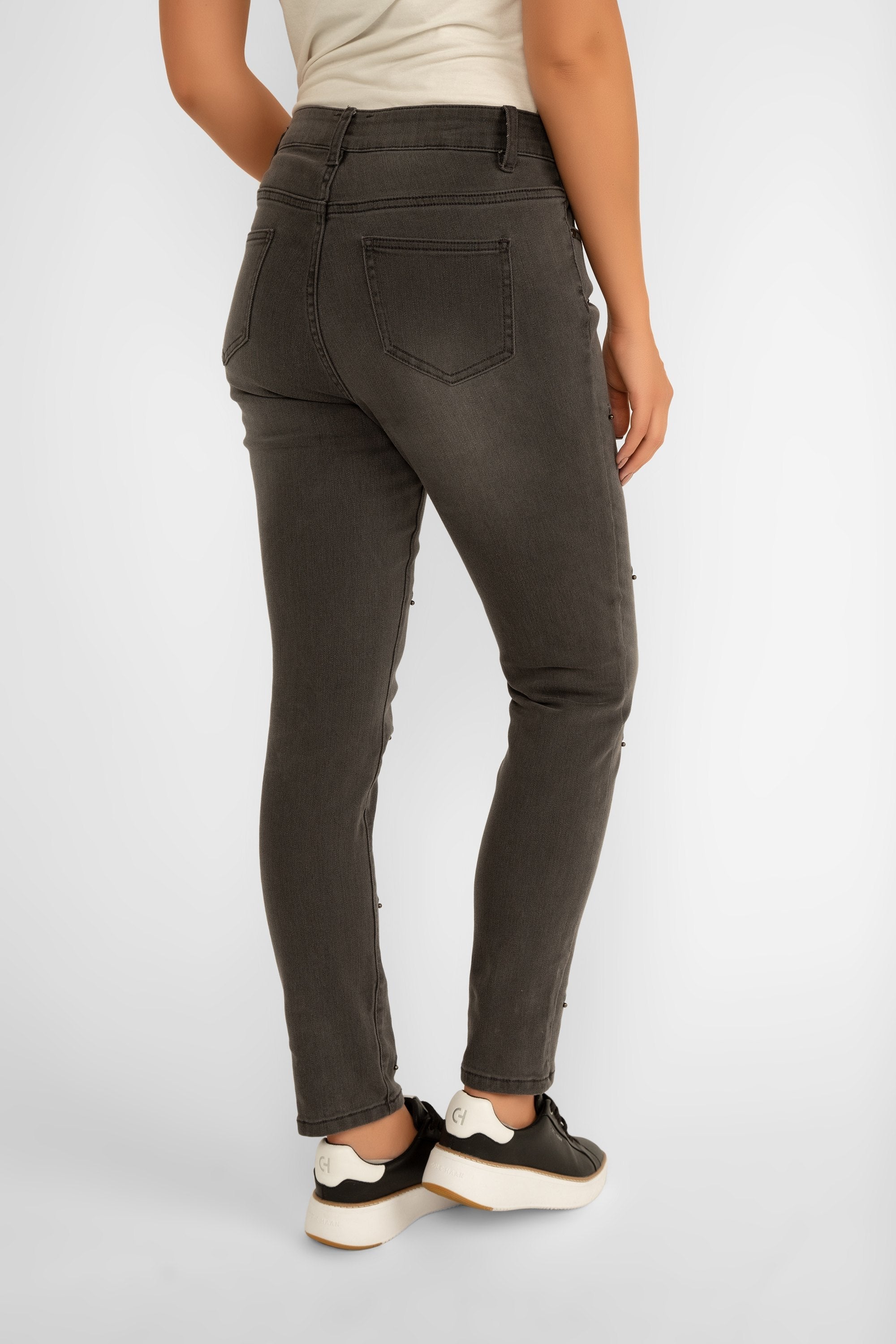 Back view of Picadilly (L6045) Women's Ankle Length Slim Fit Jeans with Embroidered Hearts and Bead embellishments in Charcoal