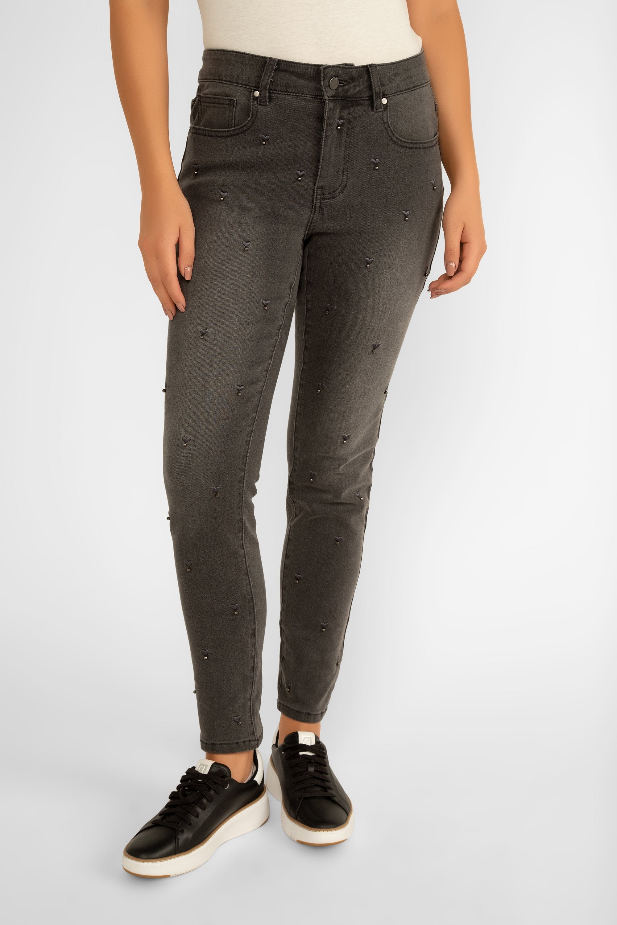 Picadilly (L6045) Women's Ankle Length Slim Fit Jeans with Embroidered Hearts and Bead embellishments in Charcoal