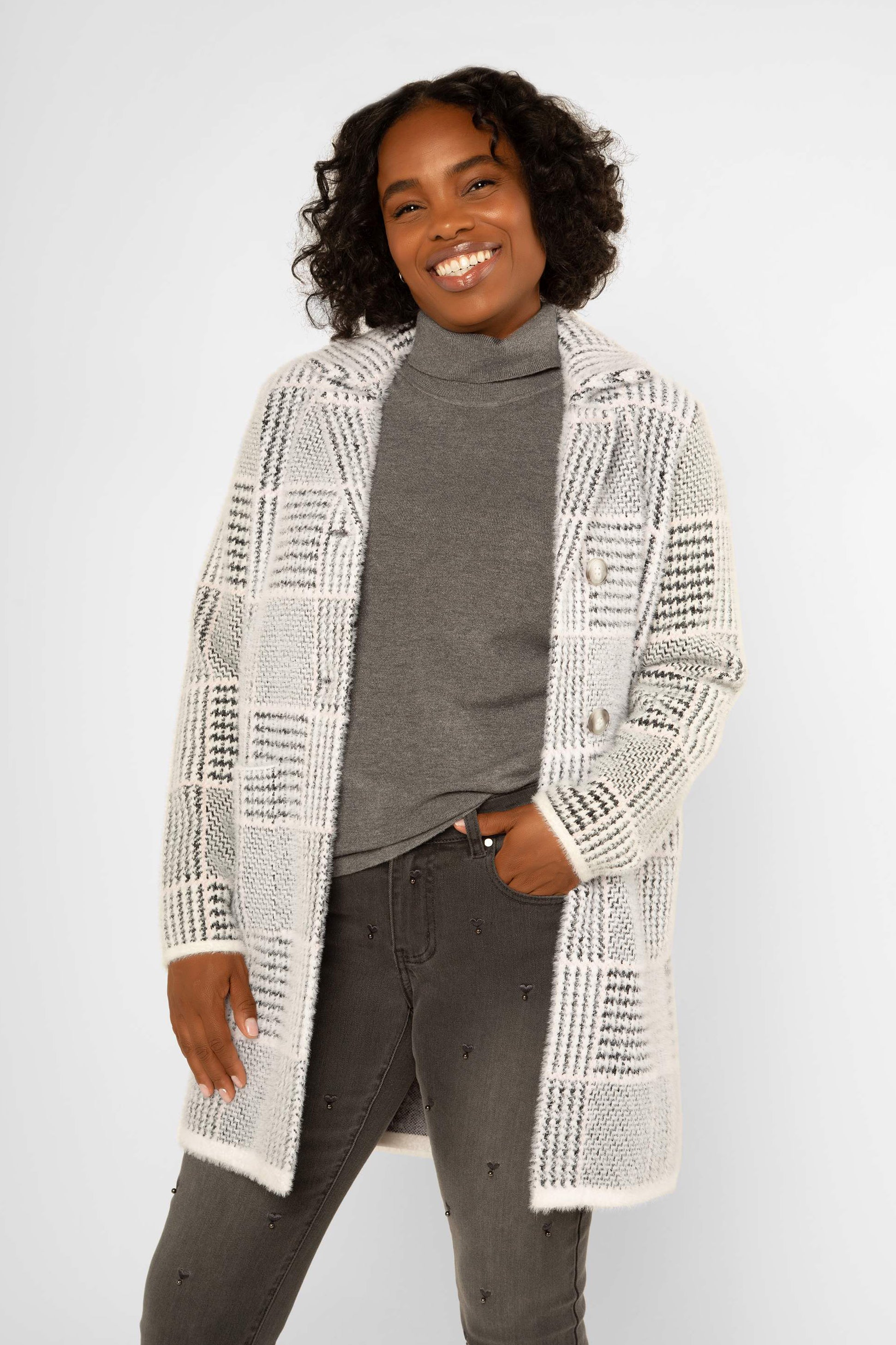 Picadilly (LK479GZ) Women's Long Line Black & White Plaid Cardigan With Long Sleeves and Notched Collar 