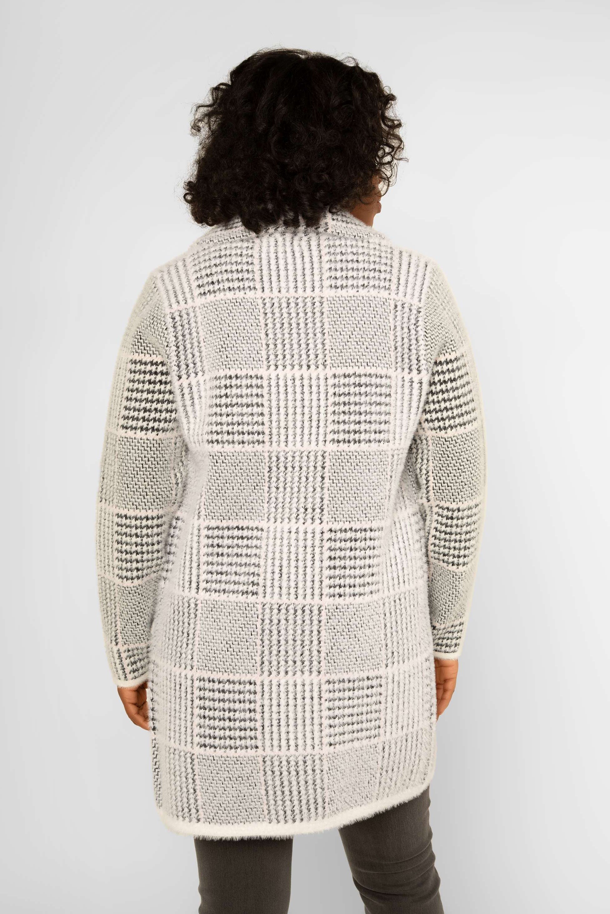 Back view of Picadilly (LK479GZ) Women's Long Line Black & White Plaid Cardigan With Long Sleeves and Notched Collar 