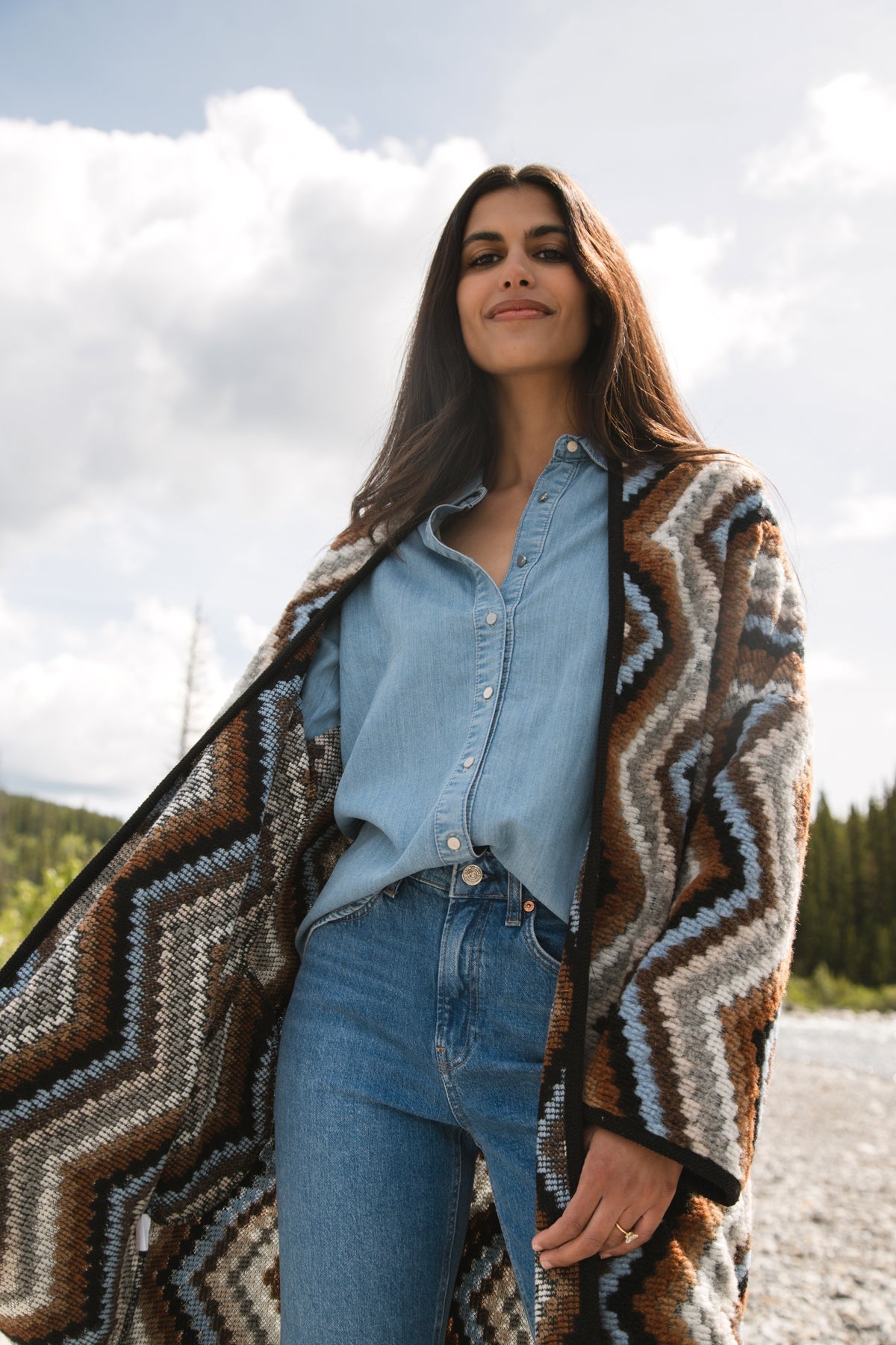 Astrid (17-W232F) Coachella Coat - Women's Long Sleeve, Open Front, Long Line Cardigan in a Quilted Chevron Pattern of Browns & Blue