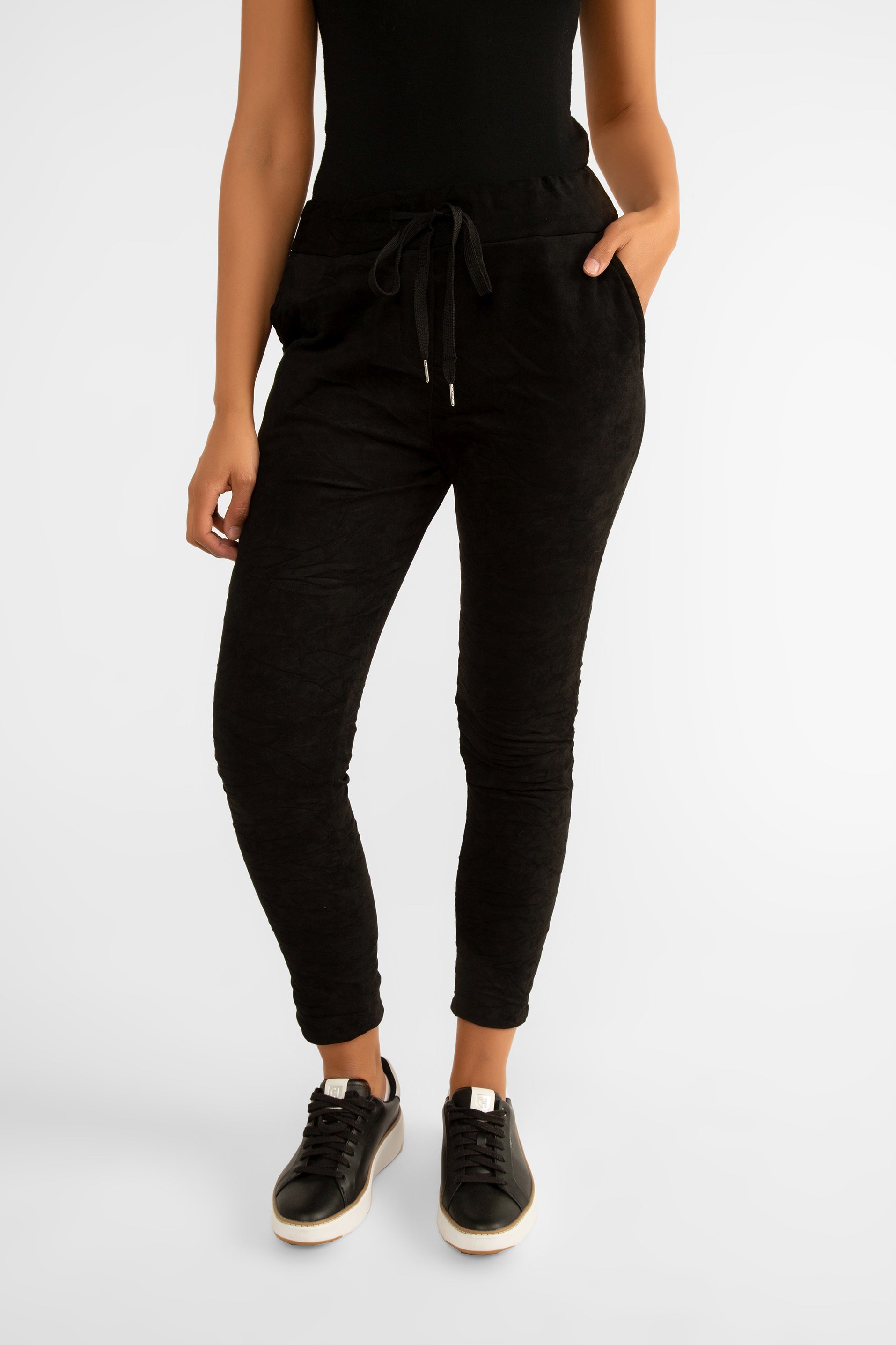 Elissia (NF93630) Women's Slim Fit Cropped Crinkle Joggers with Drawstring Waist and Pockets in Black