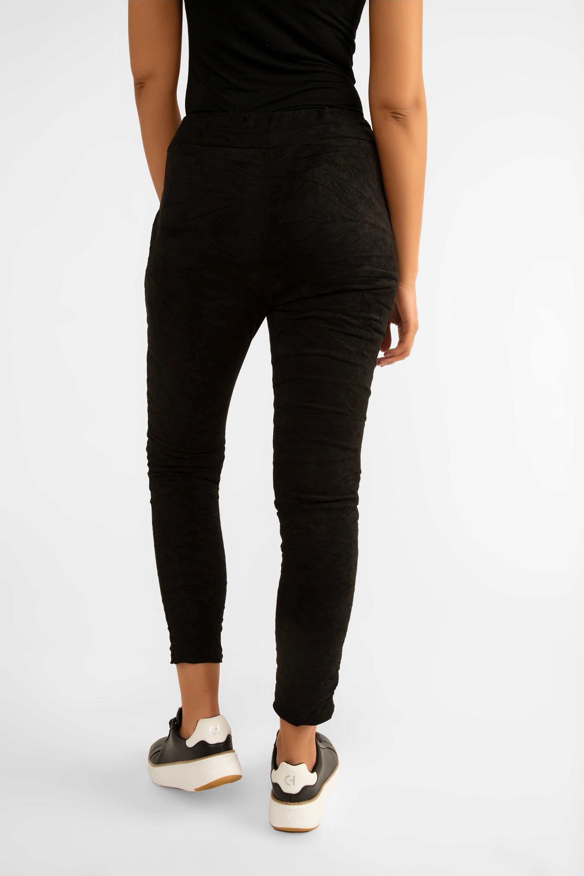 Back view of Elissia (NF93630) Women's Slim Fit Cropped Crinkle Joggers with Drawstring Waist and Pockets in Black