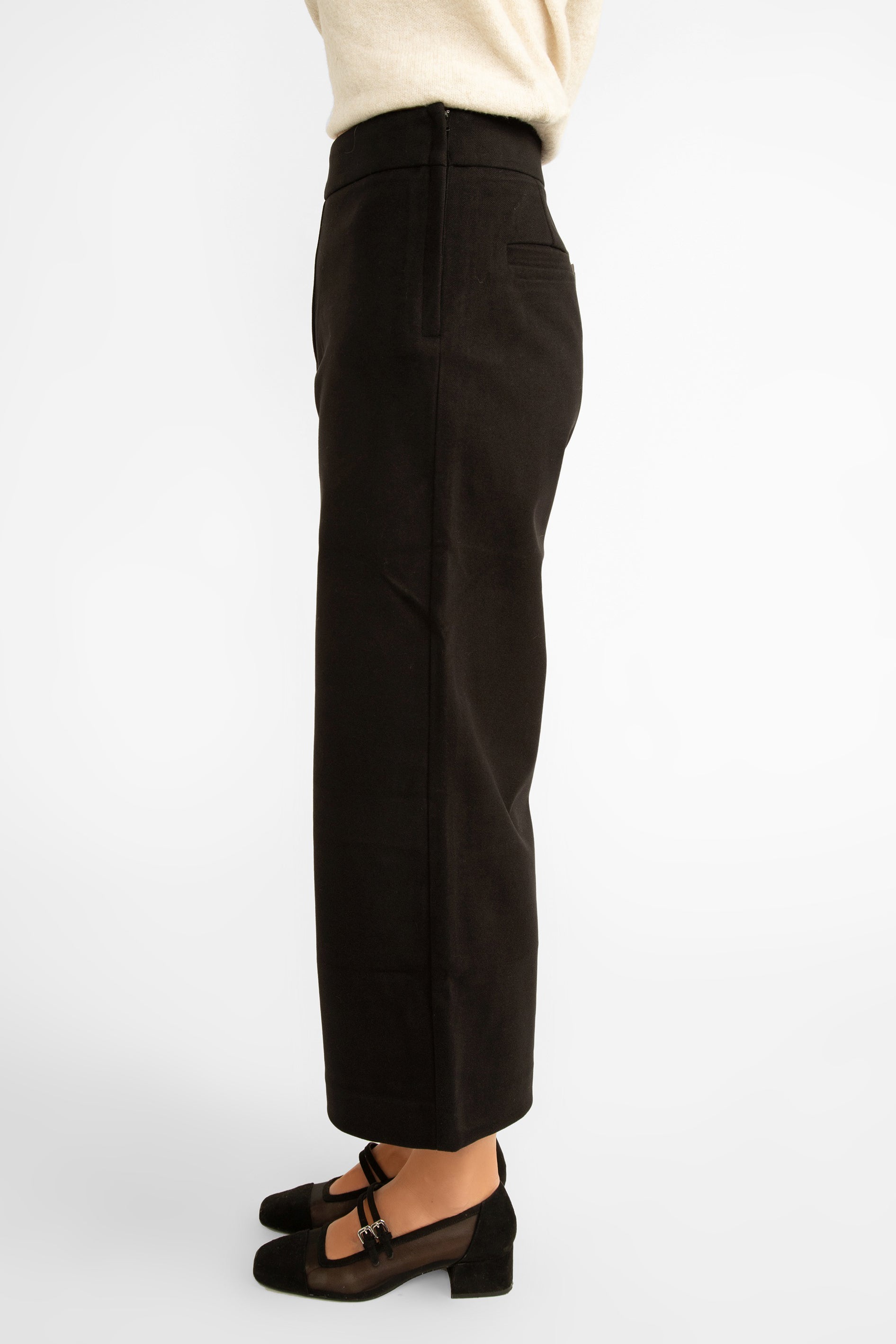 Side view of Pink Martini (PA-41198F24) Nadia Pants - Women's Wide Leg Cropped Pants with Suede link texture in Black