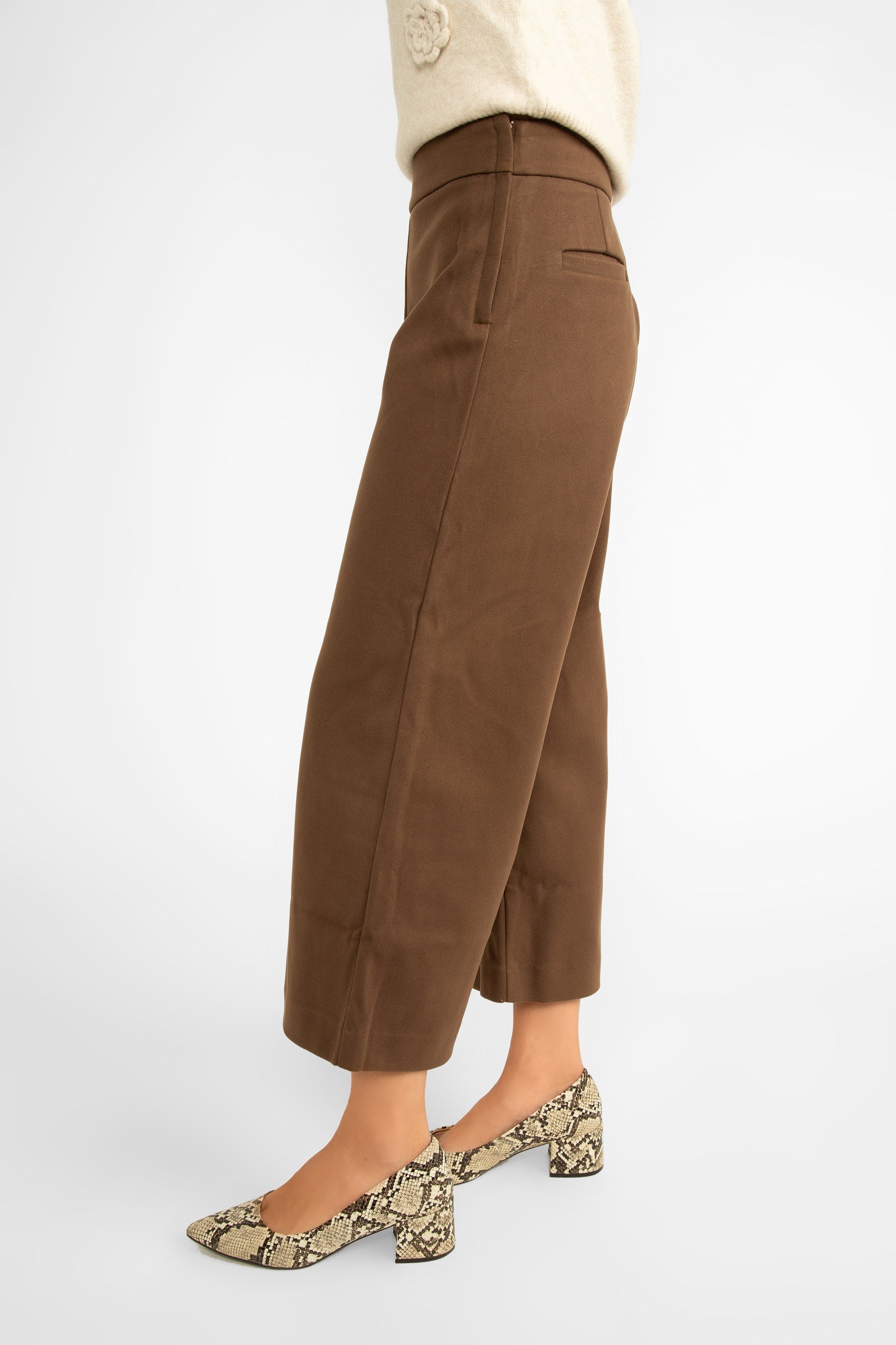 Side view of Pink Martini (PA-41198F24) Nadia Pants - Women's Wide Leg Cropped Pants with Suede link texture in Brown