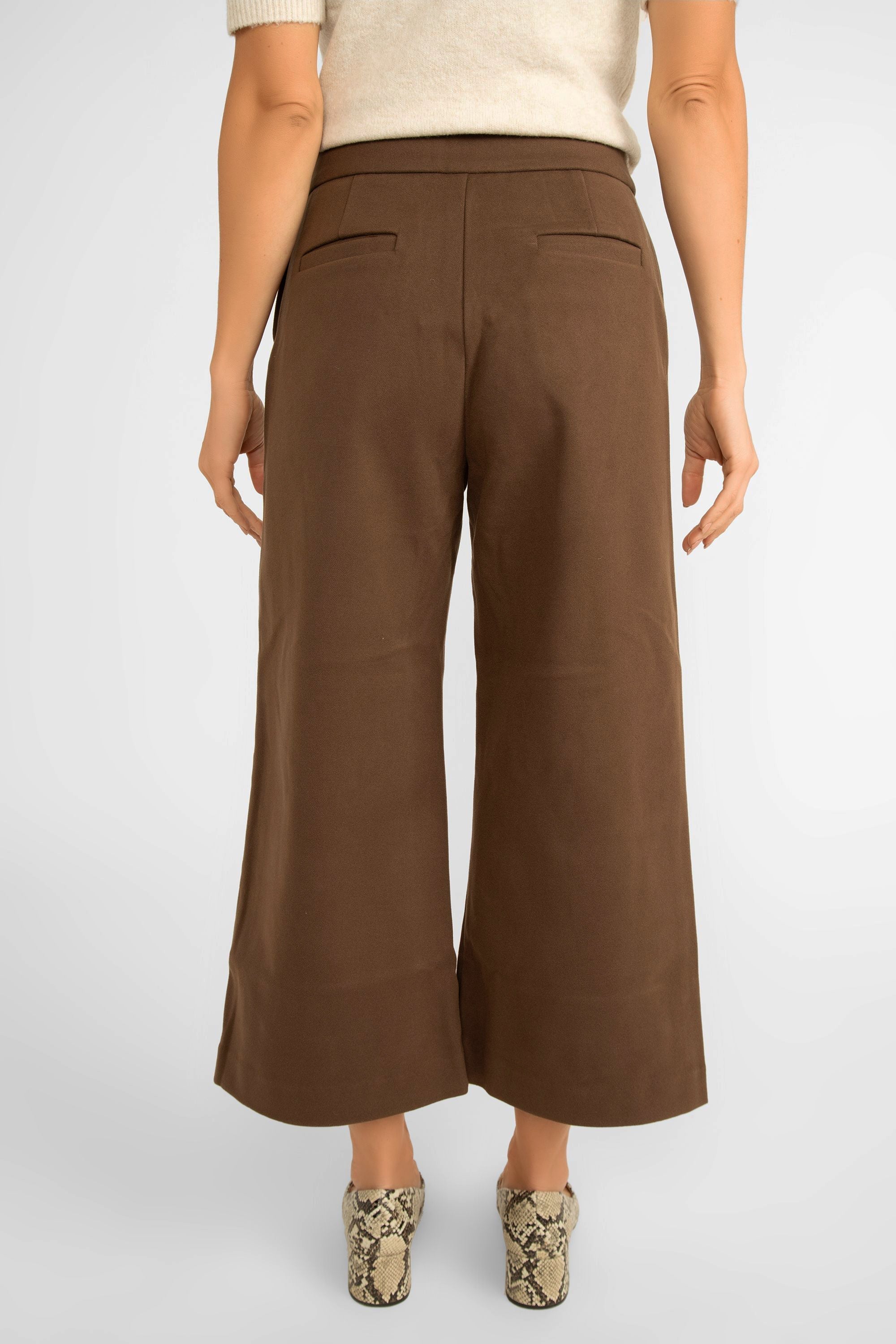 Back view of Pink Martini (PA-41198F24) Nadia Pants - Women's Wide Leg Cropped Pants with Suede link texture in Brown