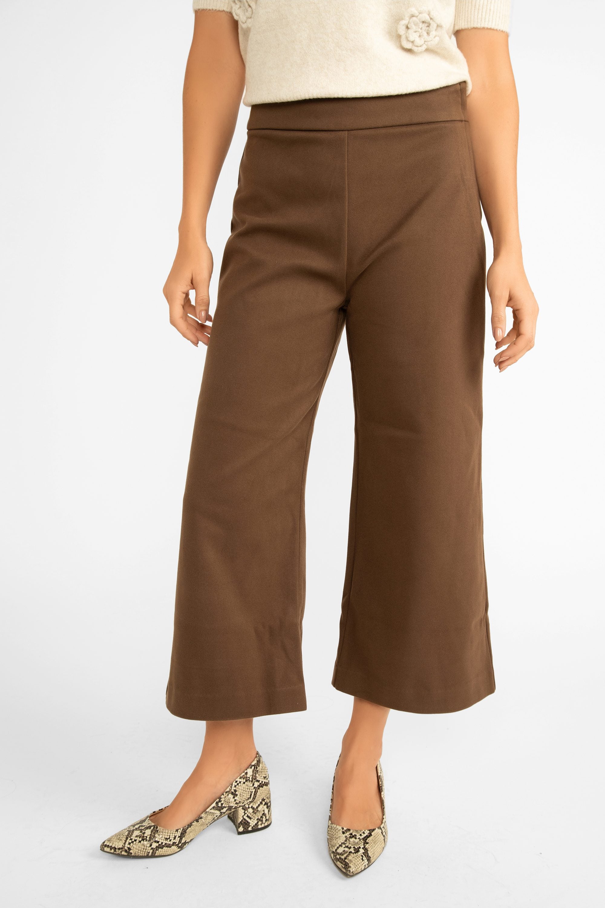 Pink Martini (PA-41198F24) Nadia Pants - Women's Wide Leg Cropped Pants with Suede link texture in Brown