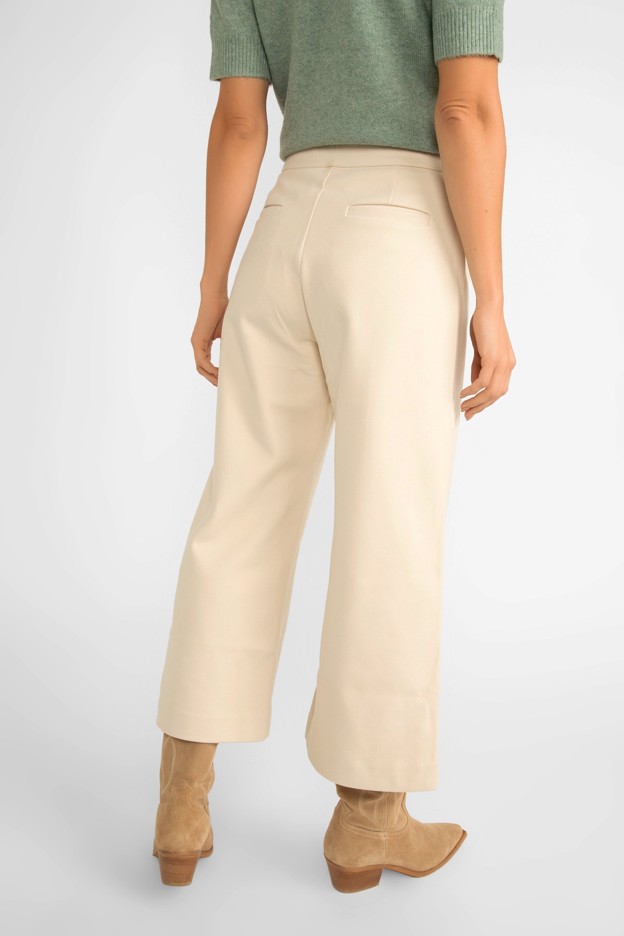 Back view of Pink Martini (PA-41198F24) Nadia Pants - Women's Wide Leg Cropped Pants with Suede link texture in Off White