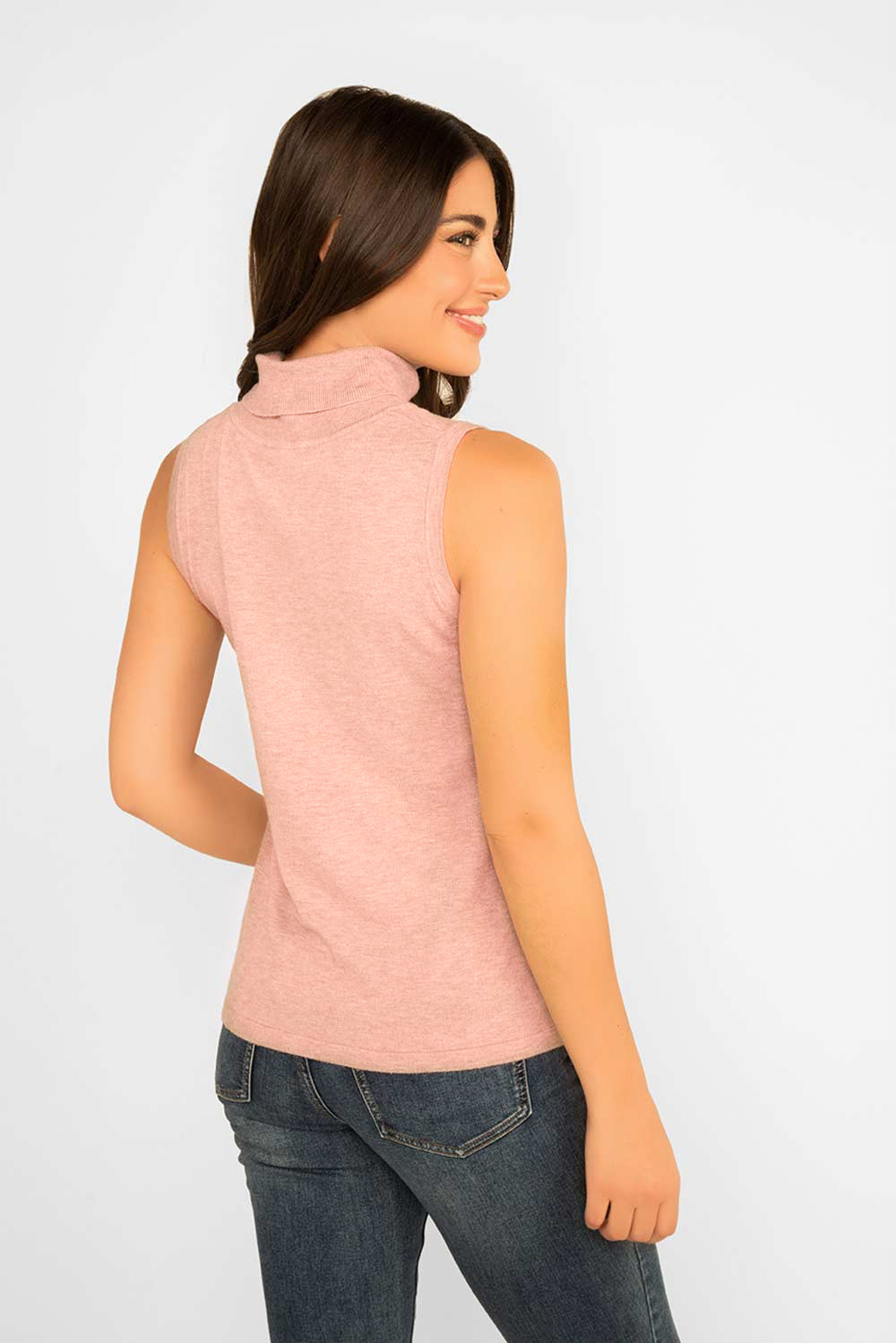 Back view of Picadilly (QK335) Women's Sleeveless Fitted Turtleneck Sweater in Pink Champagne 