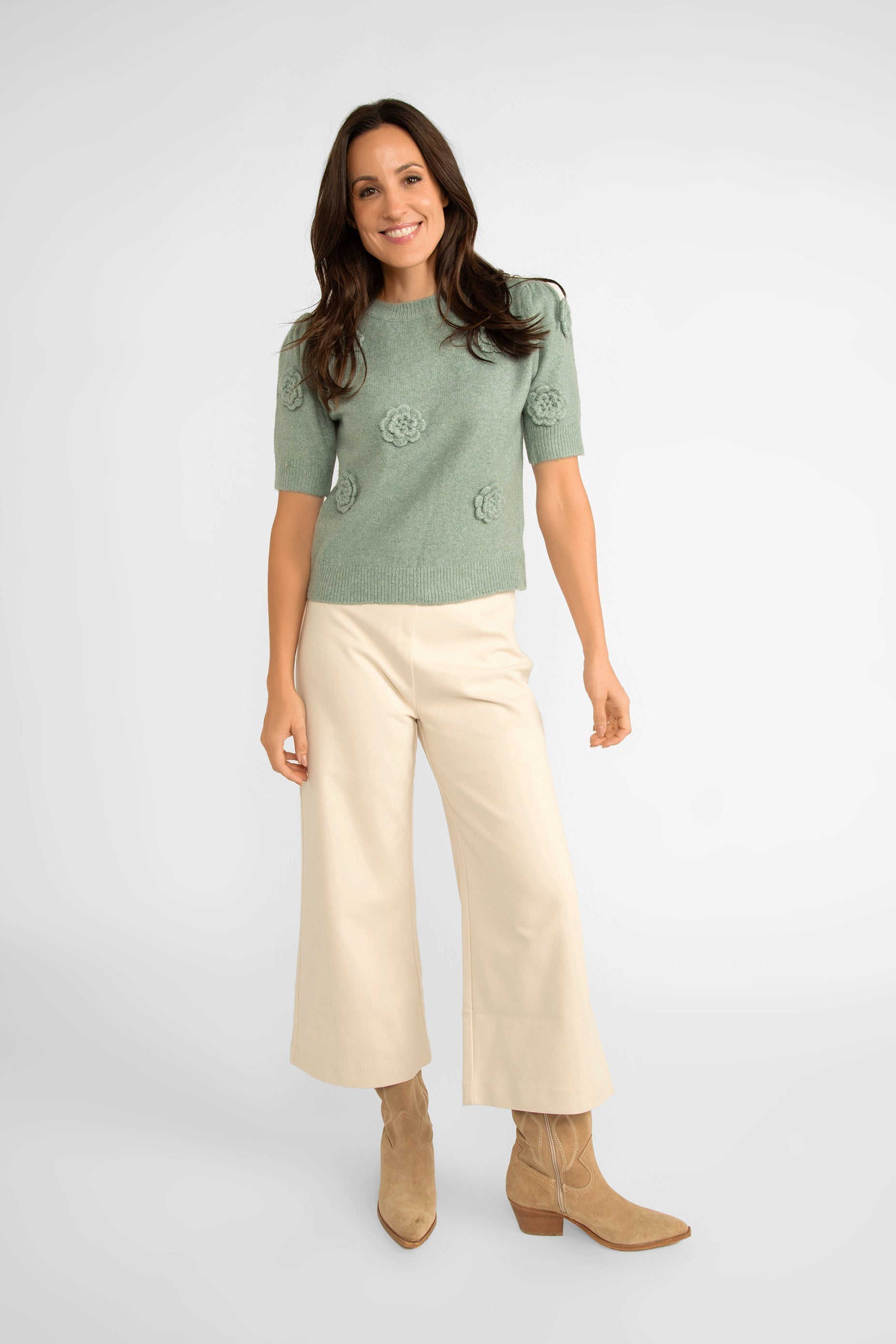 Pink Martini (PA-41198F24) Nadia Pants - Women's Wide Leg Cropped Pants with Suede link texture in Off White