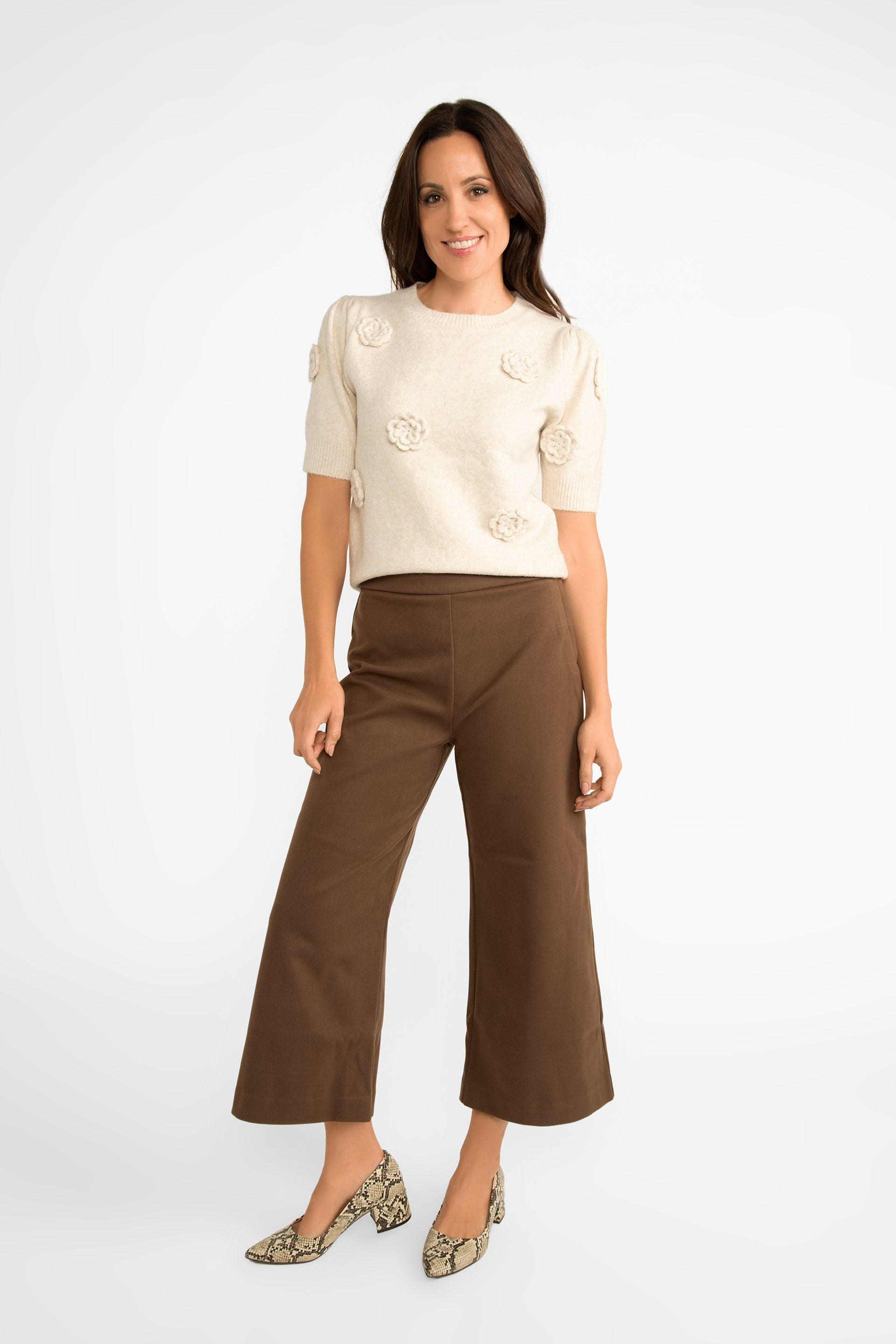 Pink Martini (PA-41198F24) Nadia Pants - Women's Wide Leg Cropped Pants with Suede link texture in Brown