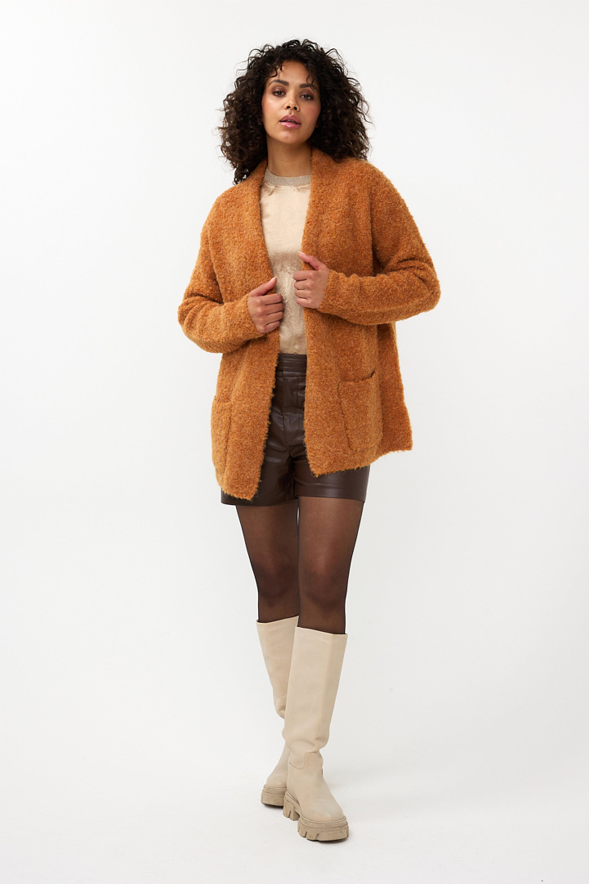 Esqualo (F2402510) Women's Long Sleeve Open Front Boucle Cardigan With Shawl Collar and Side Pockets in Brandy Brown