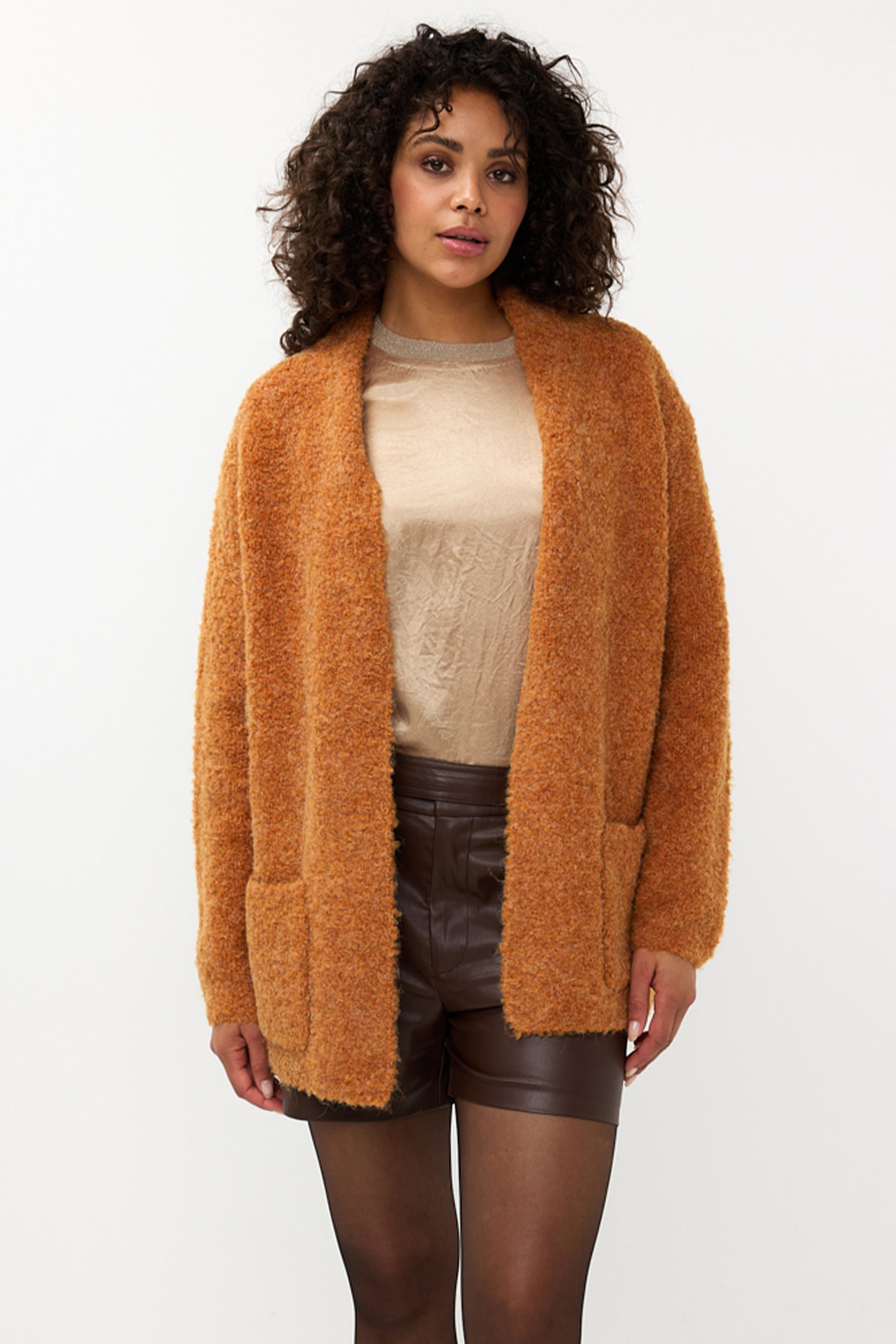 Esqualo (F2402510) Women's Long Sleeve Open Front Boucle Cardigan With Shawl Collar and Side Pockets in Brandy Brown