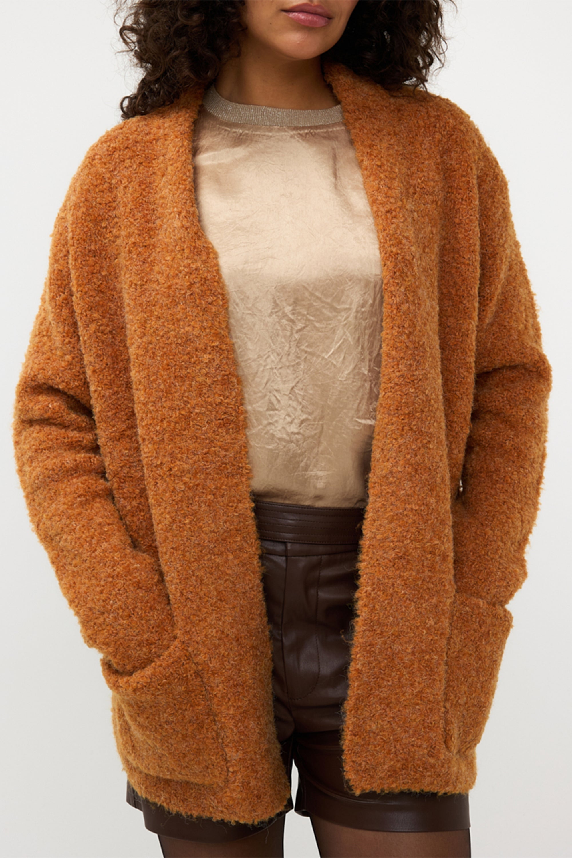 Esqualo (F2402510) Women's Long Sleeve Open Front Boucle Cardigan With Shawl Collar and Side Pockets in Brandy Brown