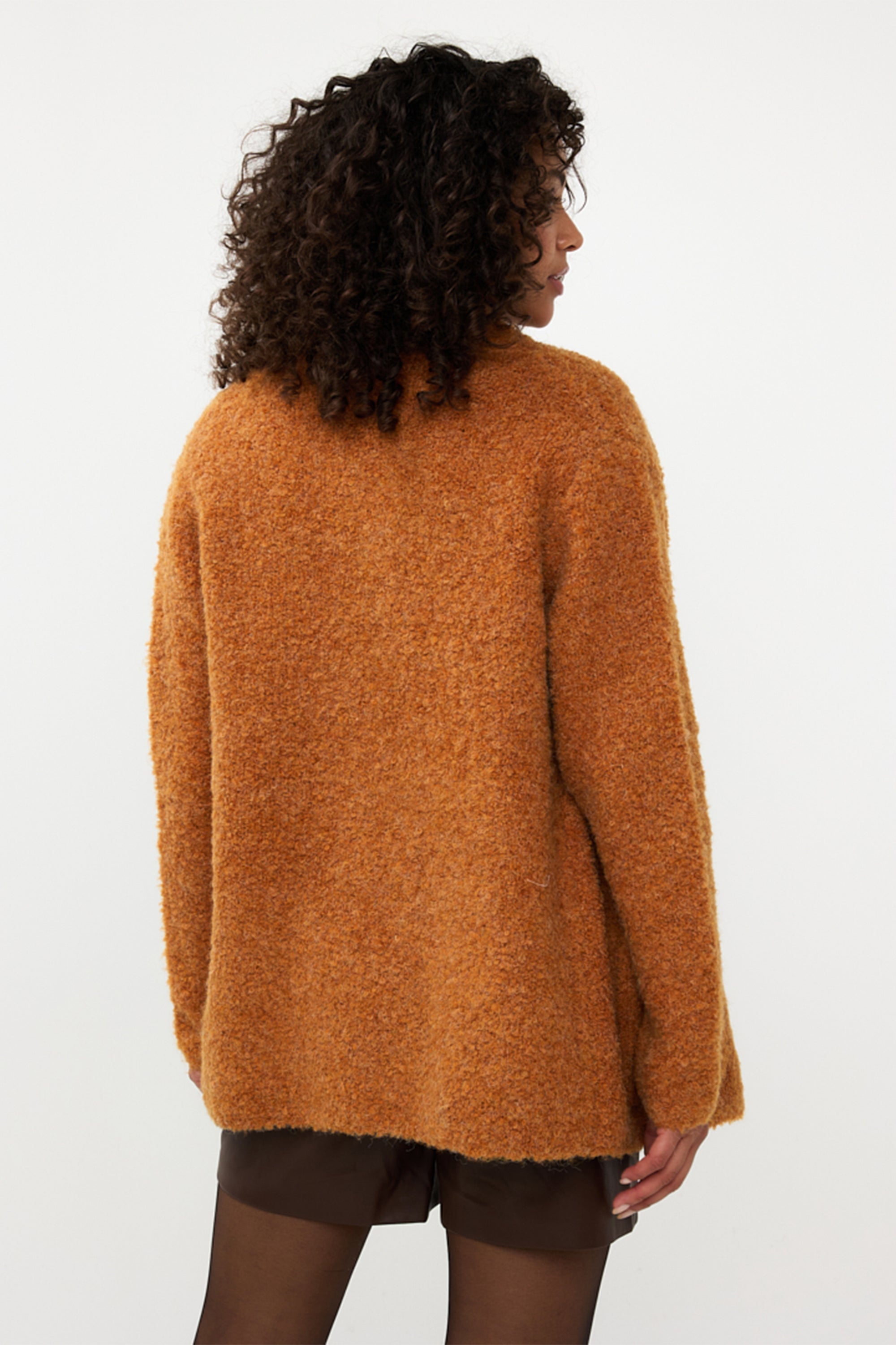 Back view of Esqualo (F2402510) Women's Long Sleeve Open Front Boucle Cardigan With Shawl Collar and Side Pockets in Brandy Brown