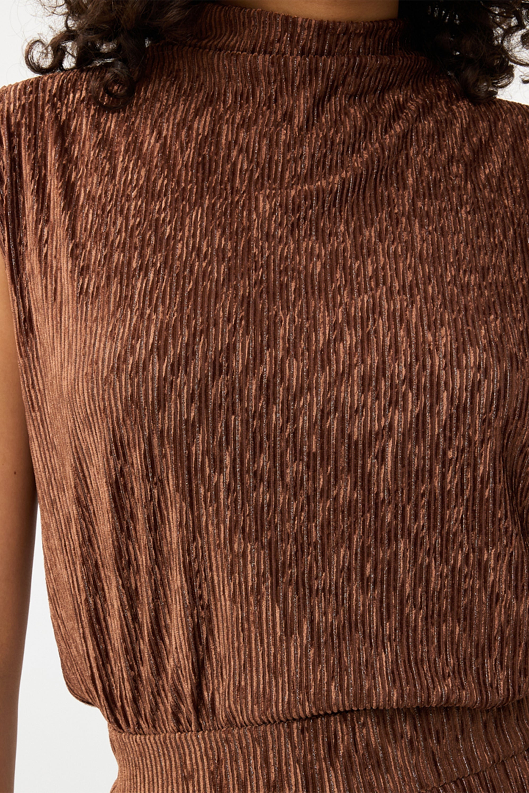 Esqualo (F2405516) Women's Sleeveless Mock Neck Top Made from Textured Velour Fabric in Brandy Brown