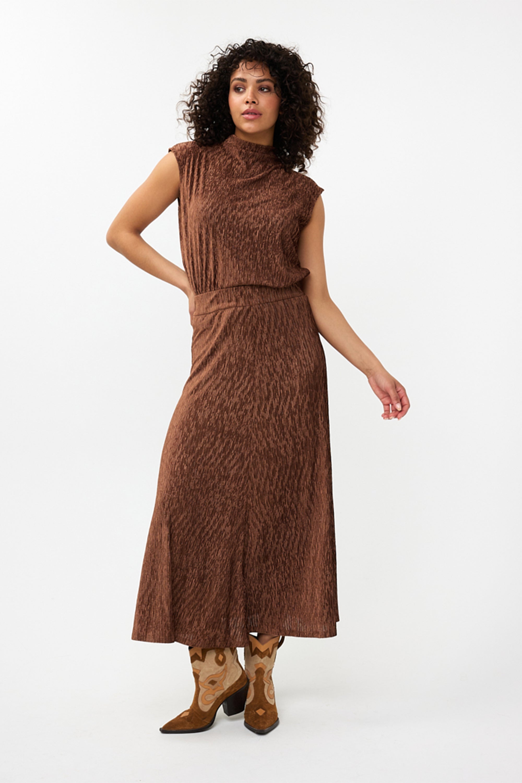 Esqualo (F2405518) Women's Crinkle Velour Midi Length A-Line Skirt in Brandy Brown